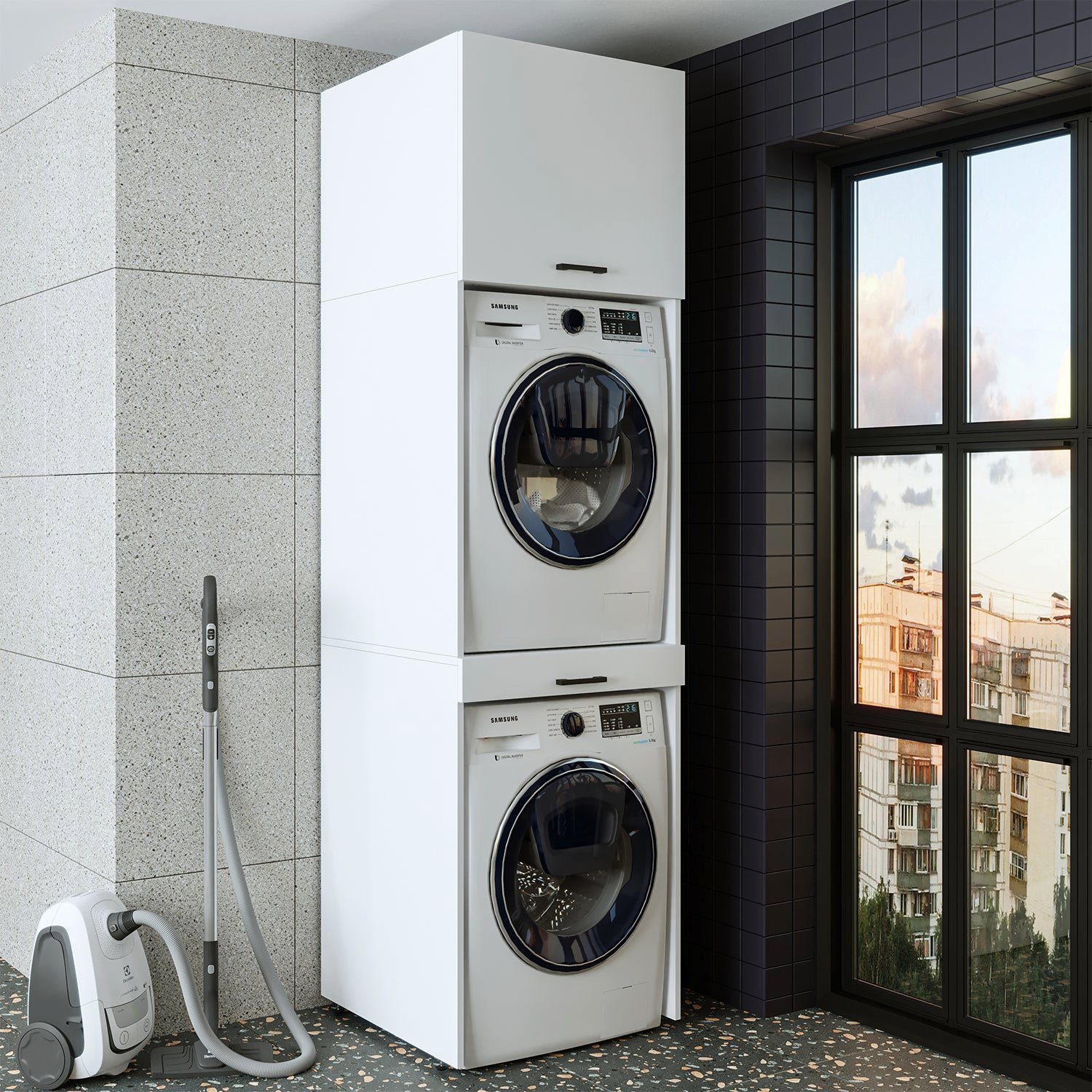 | Waschmaschinenumbauschrank weiß (Waschmaschinenschrank Waschmaschine Weiß und Überbauschrank) für Roomart Trockner