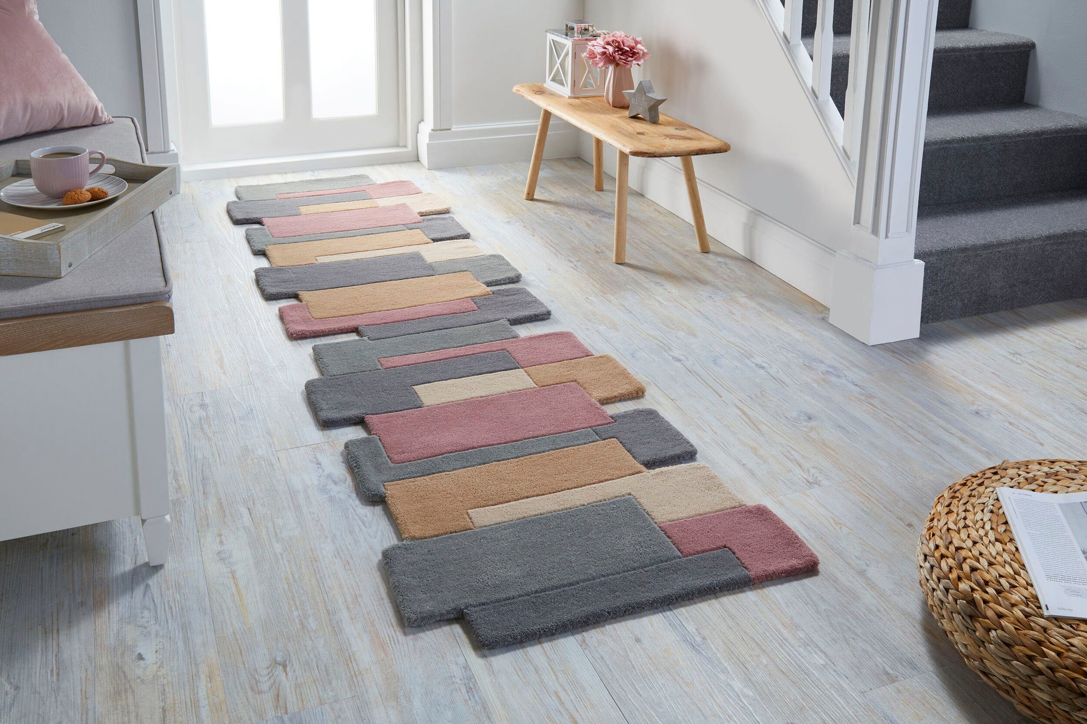FLAIR RUGS Läufer Abstract Collage, 100% Wolle, Karo Design, rechteckig, Höhe: 11 mm, Patchwork, modern, mehrfarbig, Läufer, Wohnzimmer, Flur, Schlafzimmer