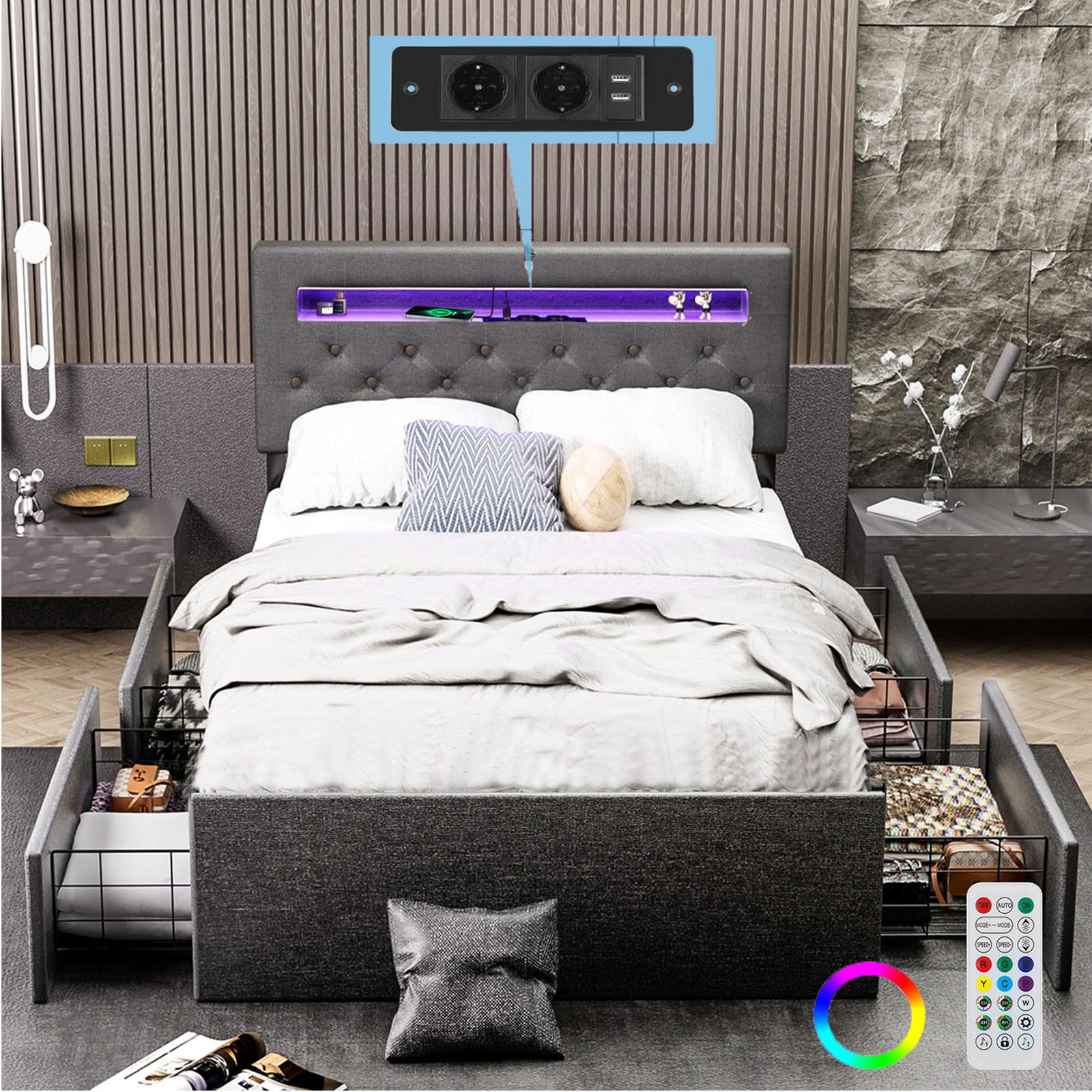 oyajia Polsterbett LED Doppelbett 140x200cm, Stauraumbett günstig online kaufen