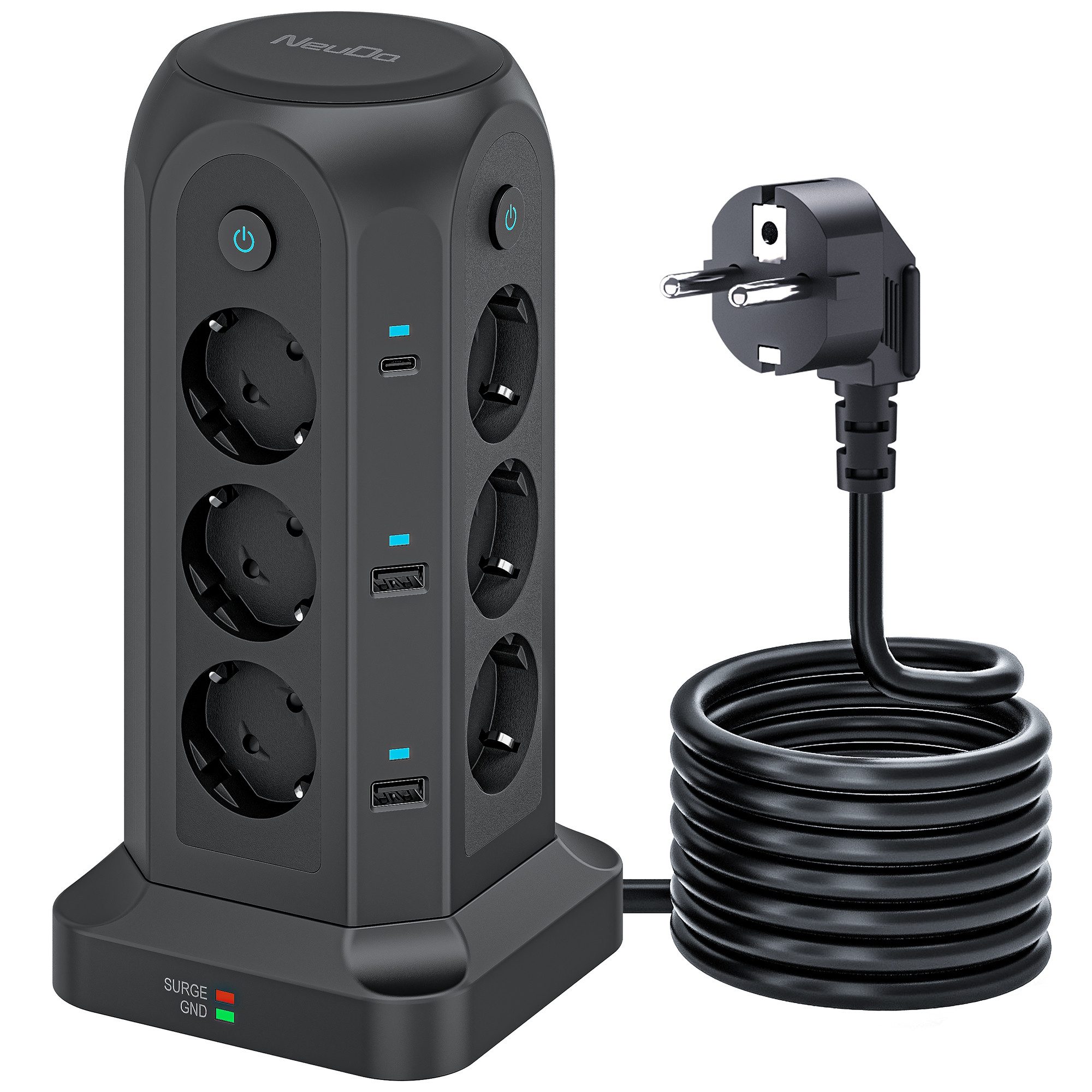 neue dawn 12fach Mehrfachsteckdose USB C 4000W Steckdosenleiste Steckdosenwürfel Mehrfachsteckdose 12-fach (Ein- / Ausschalter, USB-Anschlüsse, 4*USB-A, 2*USB-C,12*Steckdose, Grünes Licht leuchtet bei Blitz, mit Sicherheitsanzeigeleuchten, Kabellänge 2 m), Mehrfachsteckdose,Steckdosenturm