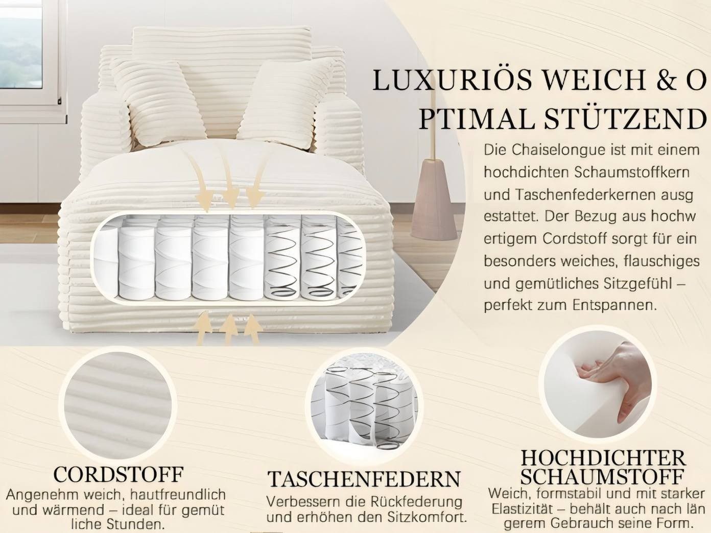 BlingBin Loungesofa Modernes Chaiselongue Sofa Chaiselongue-Sofa aus Cord, ohne Montage mit Taschenfederkern & Schaumstoffpolsterung 1 Teile, stilvolles 1-Sitzer-Liegesofa für Wohnzimmer, Büro oder Apartment