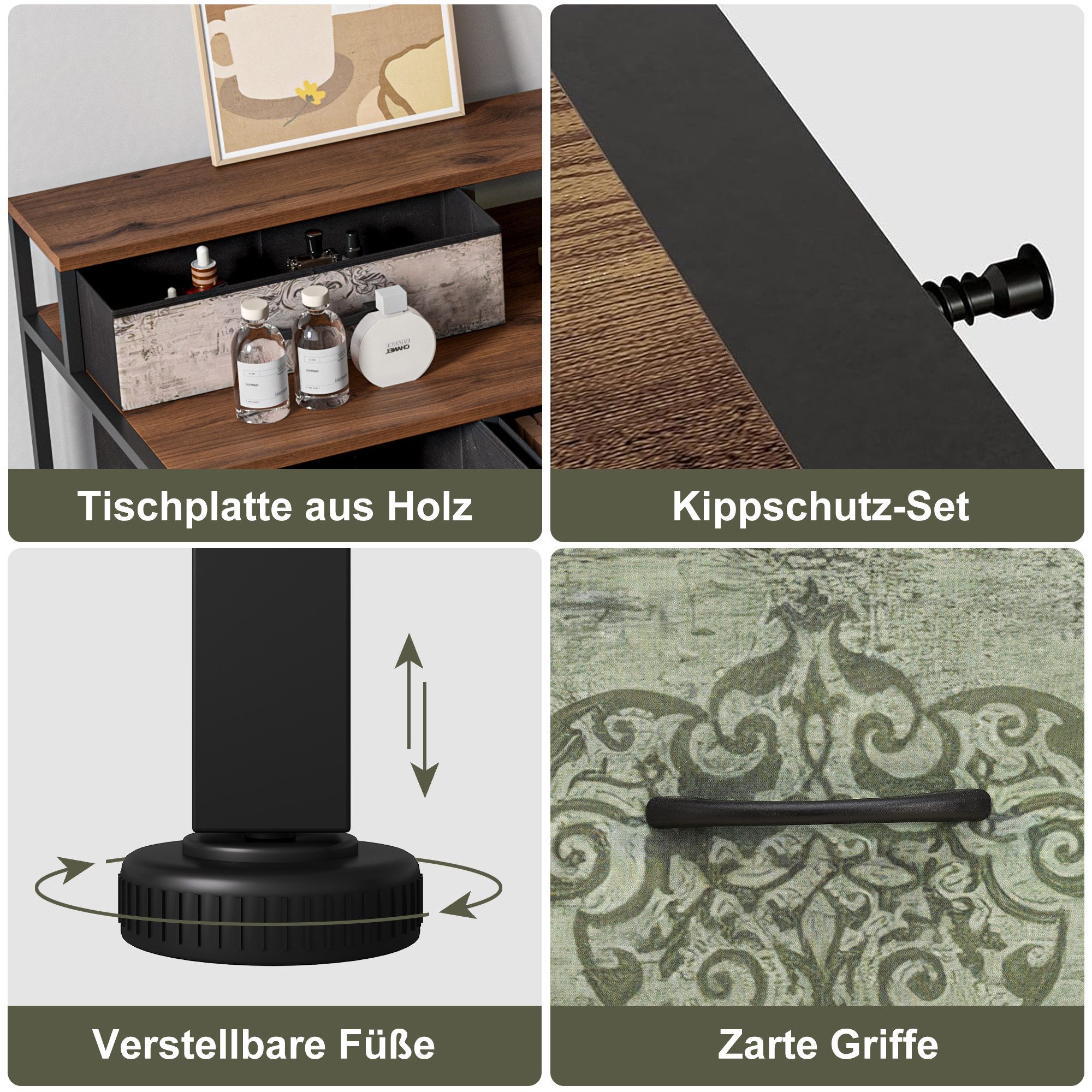 Yelenaro Schminktisch Frisiertisch Mit 9 Schubladen Kosmetiktisch Kommode - Metallrahmen (Set, 1-St), 121x40x91.2 cm,mit Kippschutzvorrichtung,Bedruckte Schubla – Bild 5 von 5