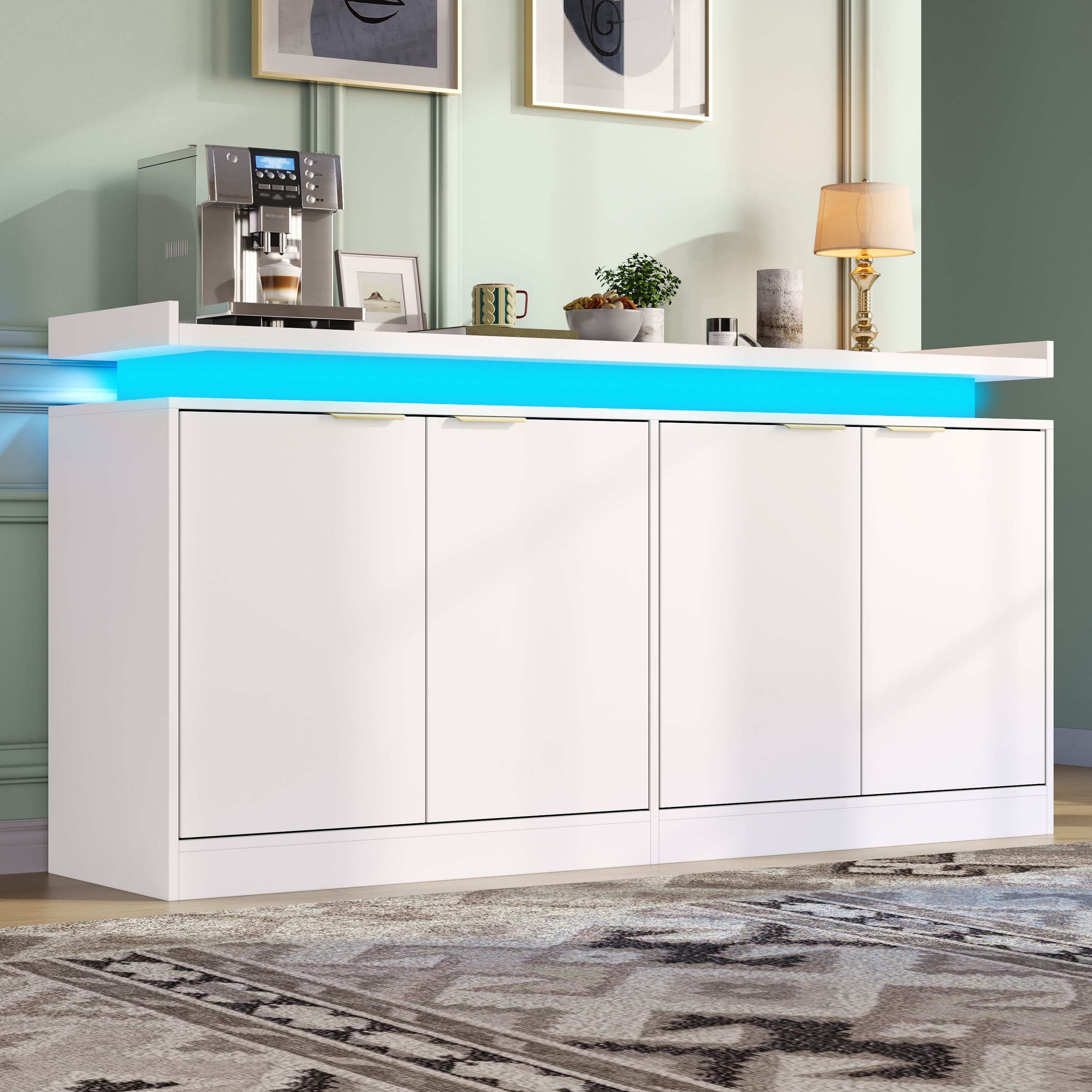 Flieks Sideboard Multifunktionsschrank mit LED-Beleuchtung und 4 Türen (B160×T39×H83 cm, 1 St., für Esszimmer, Wohnzimmer, Schlafzimmer), Küchenschrank Mehrzweckschrank Kommode mit 4 Fächern Weiß
