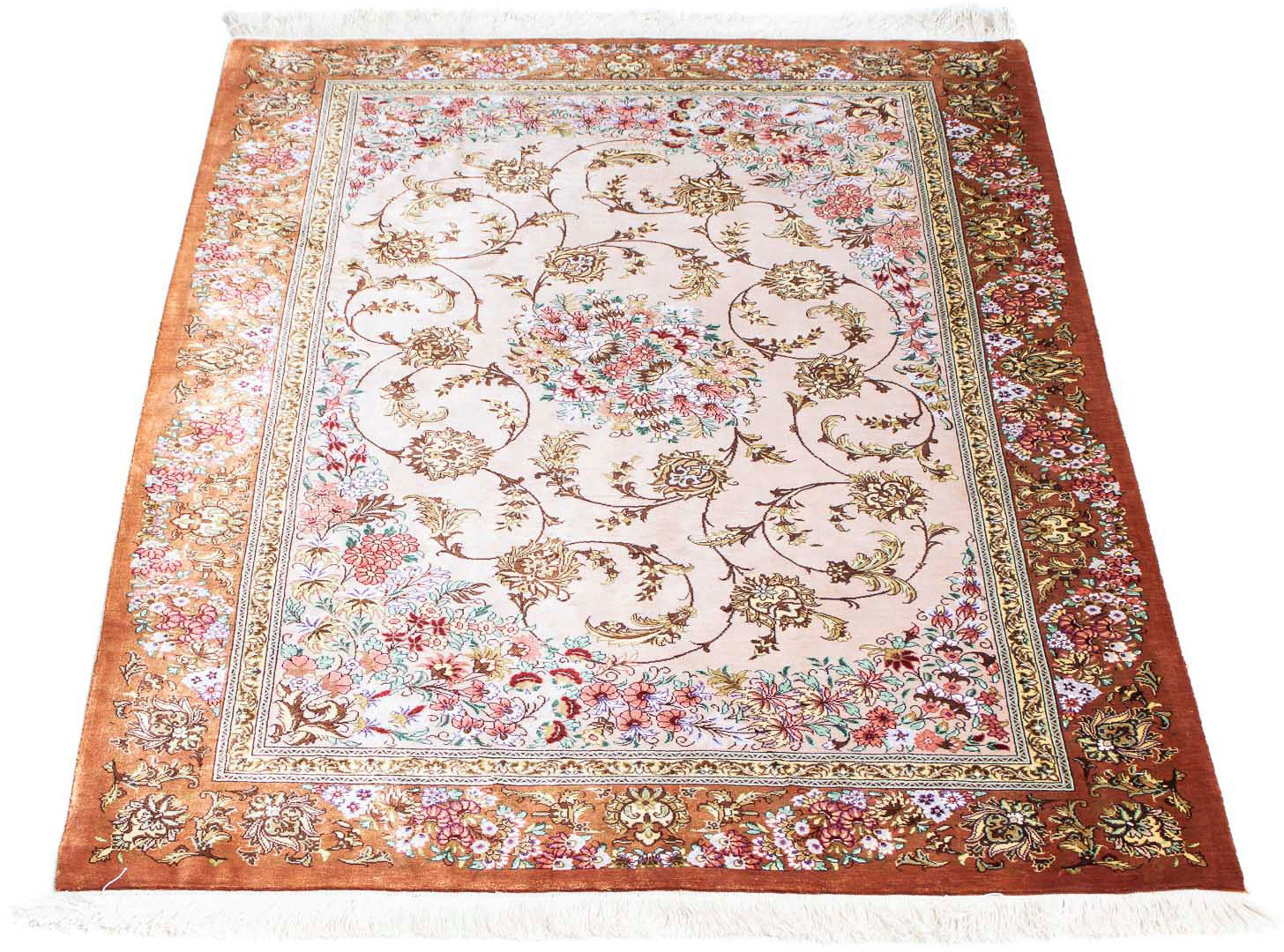 Orientteppich Perser - Ghom - 123 x 80 cm - beige, morgenland, rechteckig, Höhe: 10 mm, Wohnzimmer, Handgeknüpft, Einzelstück mit Zertifikat