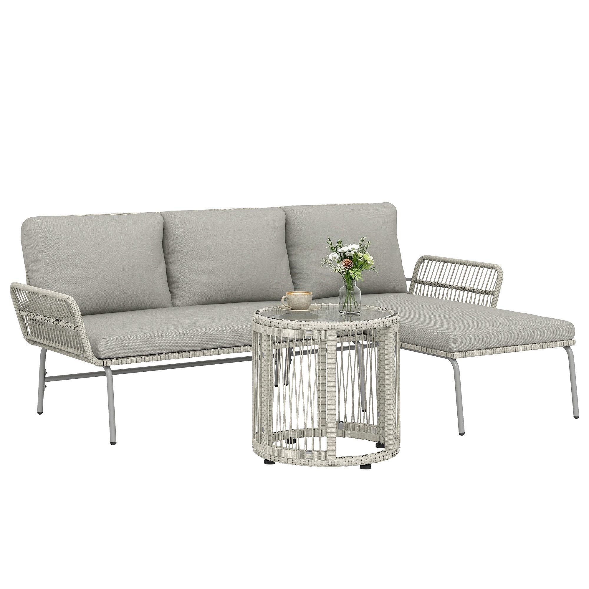 MC Star Gartenlounge-Set Polyrattan Gartenmöbel Set 3-teilig, Lounge Set, (mit Chaiselongue Zweisitzersofa Glastisch abnehmbar Kissen)