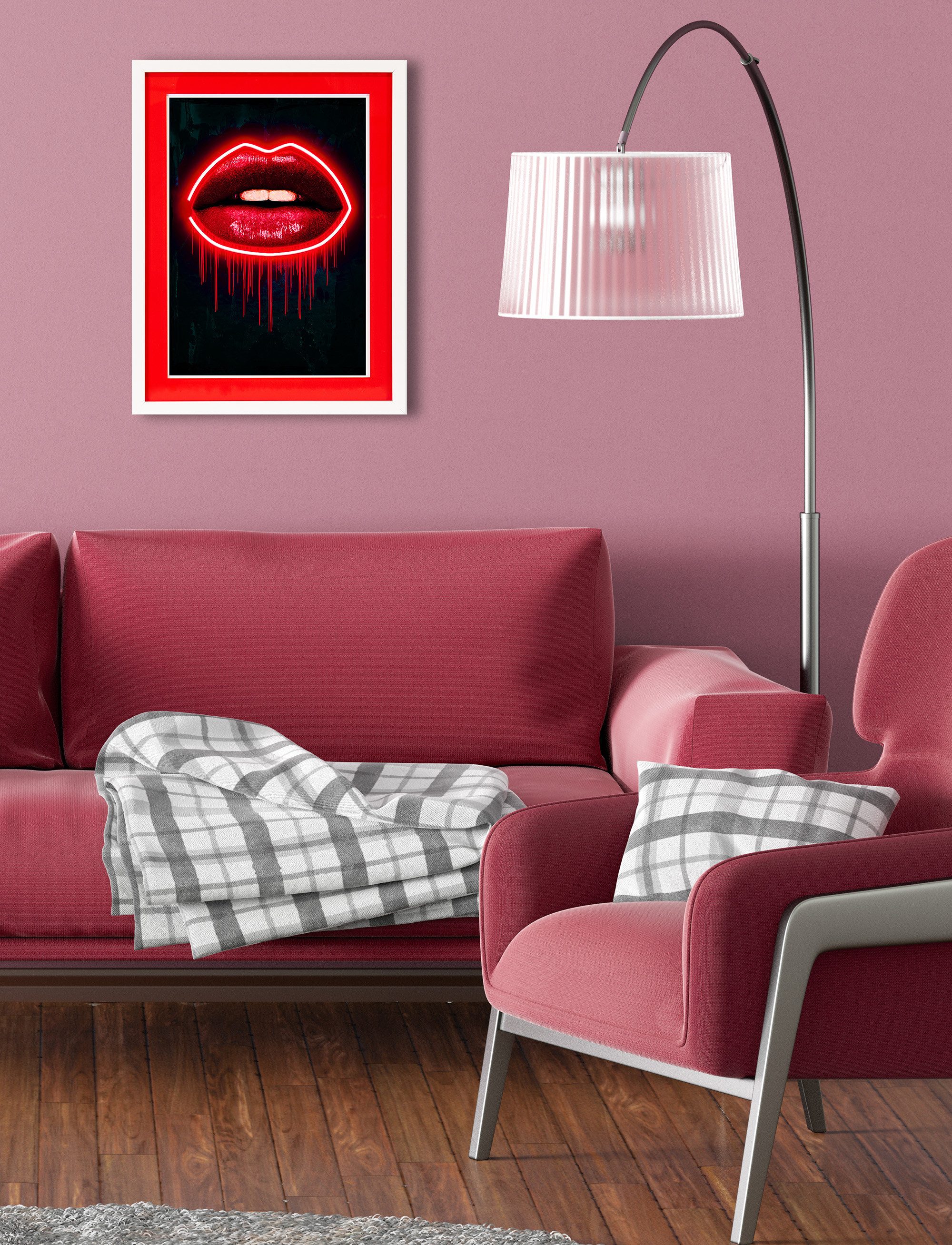 queence Bild mit Rahmen Lippen, Neon, Neonlicht, Изображения von Frauen, Erotische Изображения, Kiss, Kunst (1 St), Poster mit buntem Acrylglas Passepartout