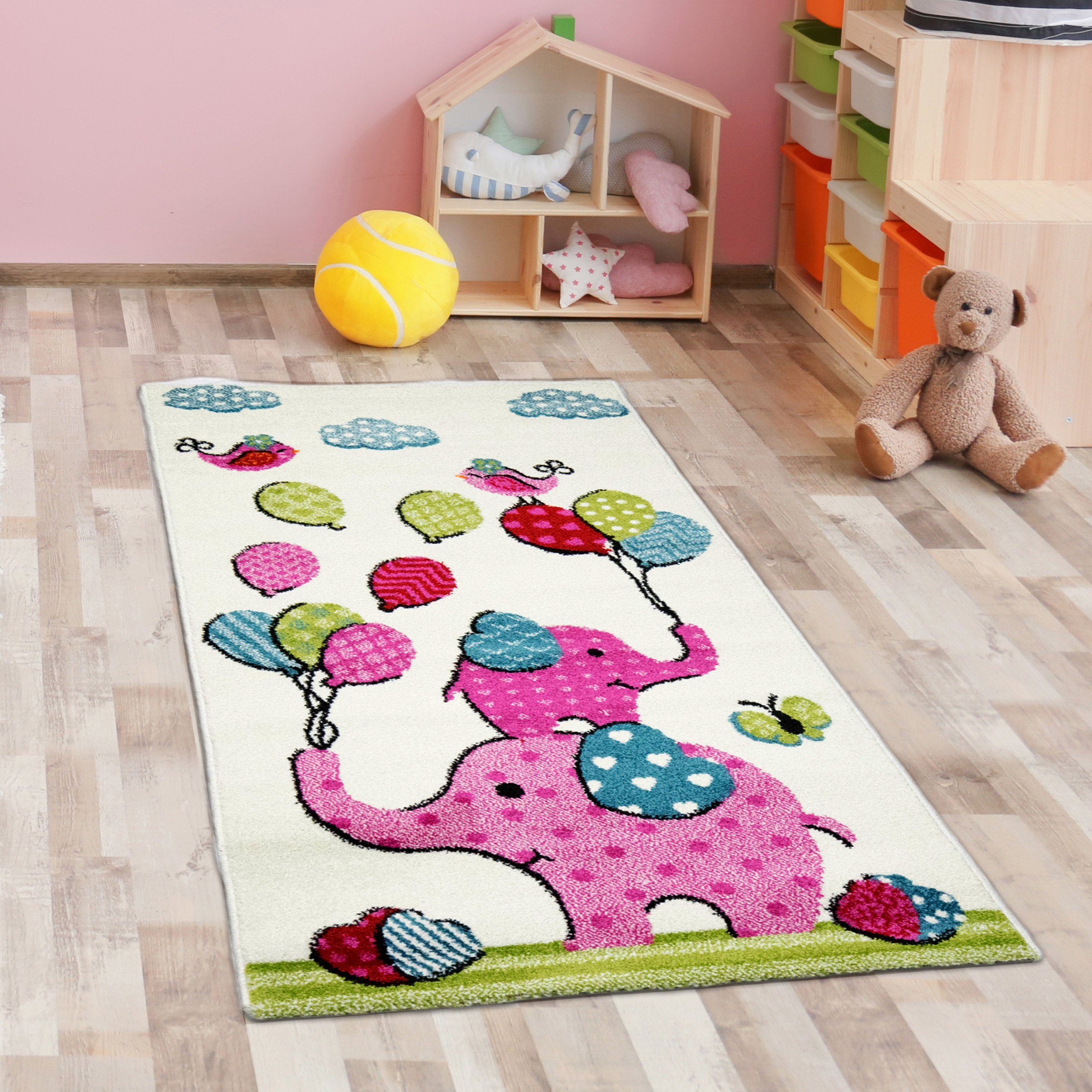 Kinderteppich Süßer Kinder-Teppich, Elefanten & Luftballons, in creme