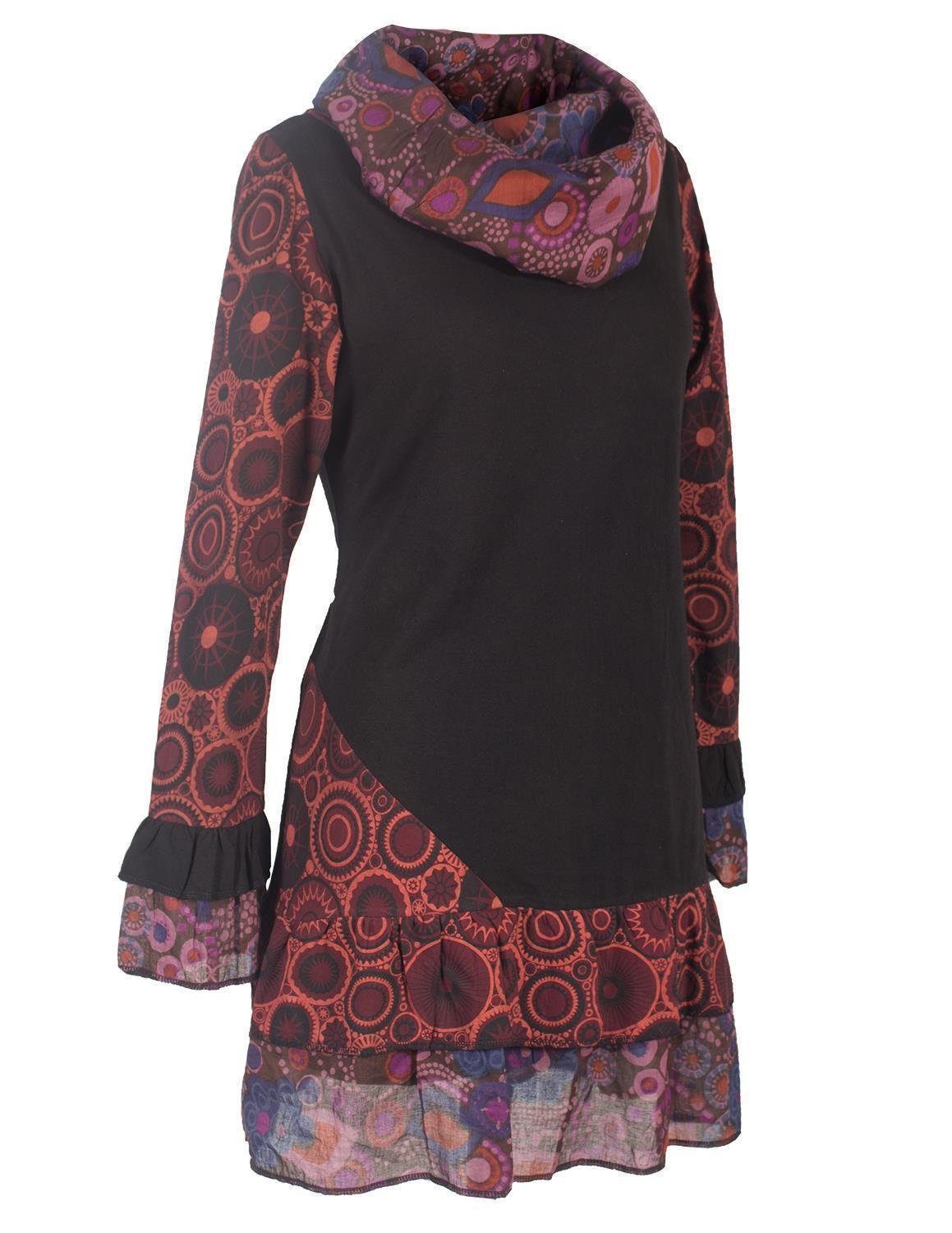 Vishes Midikleid Langarm Mandala Rüschen-Kleid mit Kapuzenschal Elfen, Boho, Goa Hippie Style – Bild 4 von 4