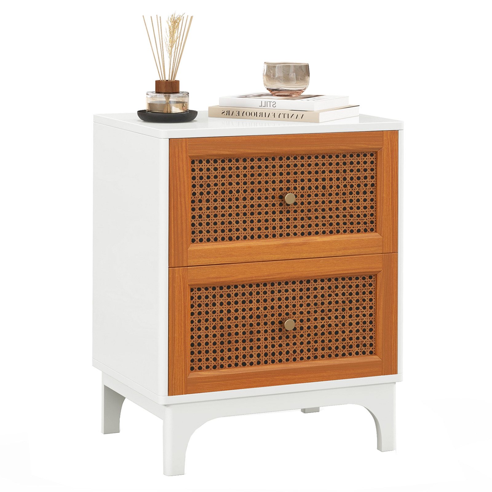 COSTWAY Nachttisch (1-St), Rattan Nachtschrank, mit 2 Schubladen, 46 x 33 x 59,5 cm