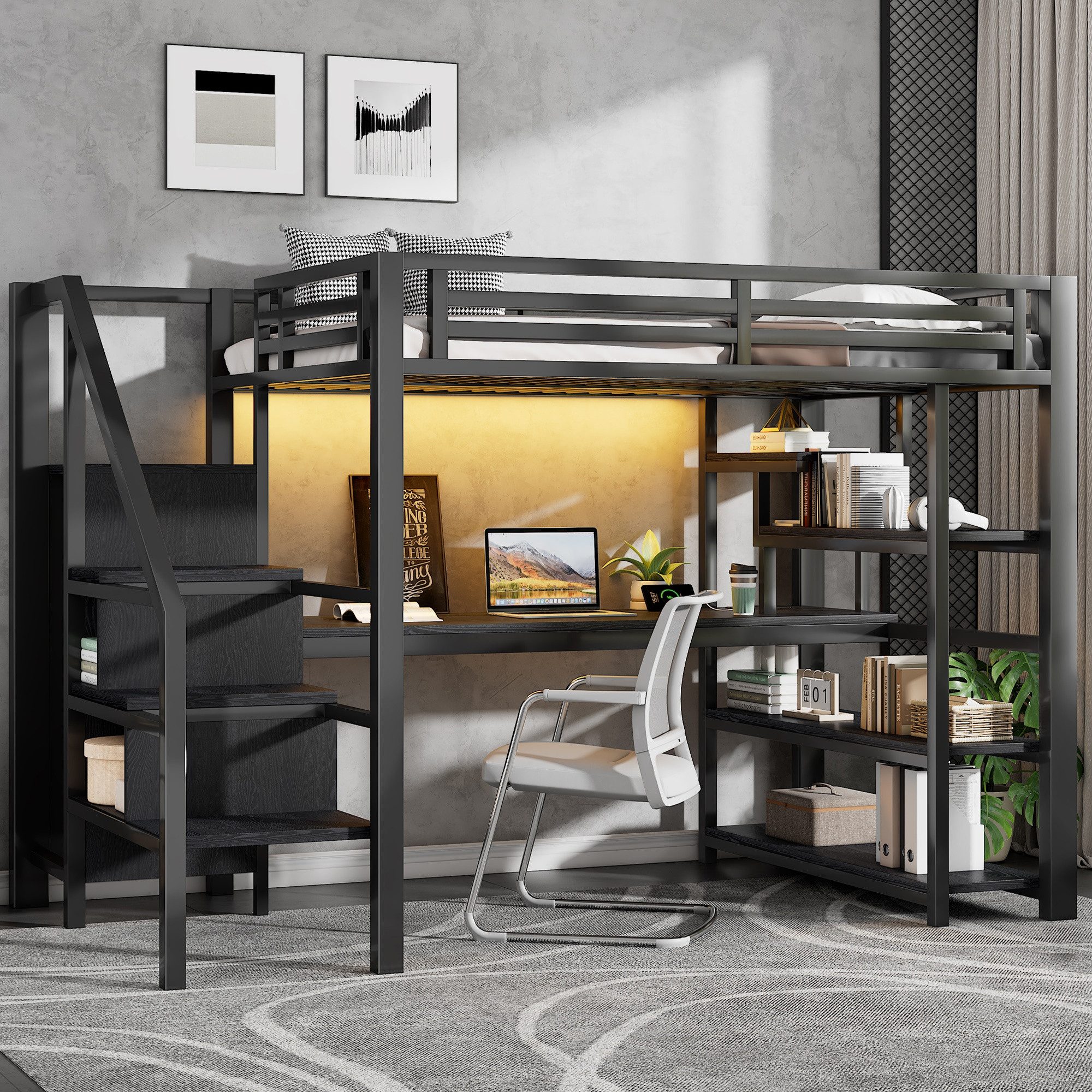 REDOM Hochbett Stauraumbett,Kinderbett (Metall-Hochbett mit Treppe und Stauraum Schwarz, 1-St., 140x200cm)