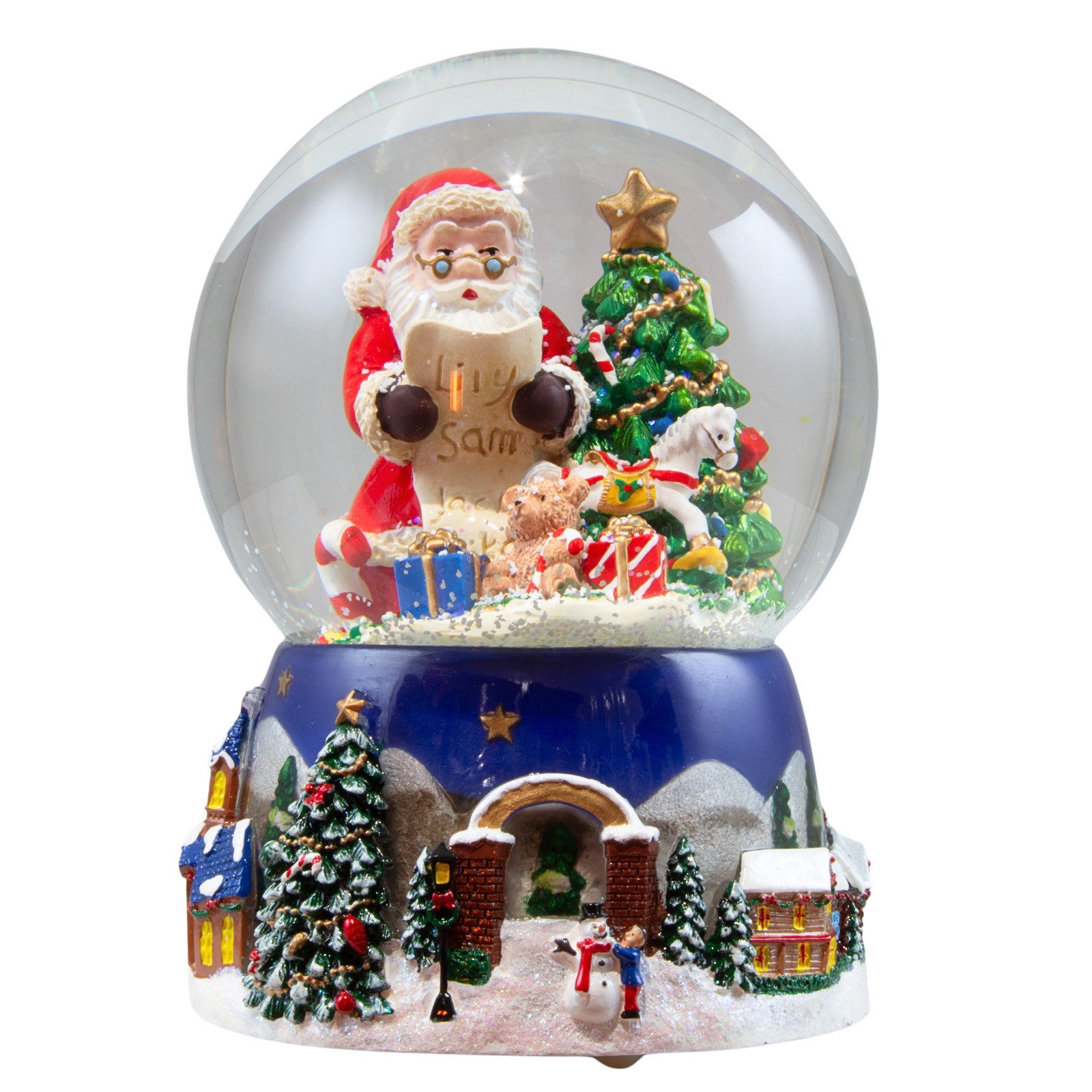 Christmas Paradise Schneekugel Spieluhr mit Weihnachtsmann und Baum 16cm mechanisch aufziehbar (1 St), handbemalte Christbaum-Tischdeko mit Musik in Blau