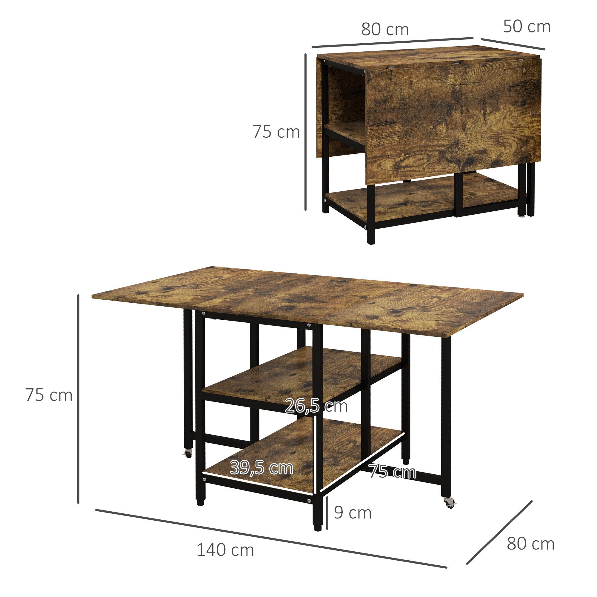HOMCOM Klapptisch Esstisch ausziehbar klappbar rechteckig Mobiler Küchentisch (Wohnzimmertisch, 1-St., Esszimmertisch), Rustikal-Braun 140 x 80 x 75 cm – Bild 3 von 5