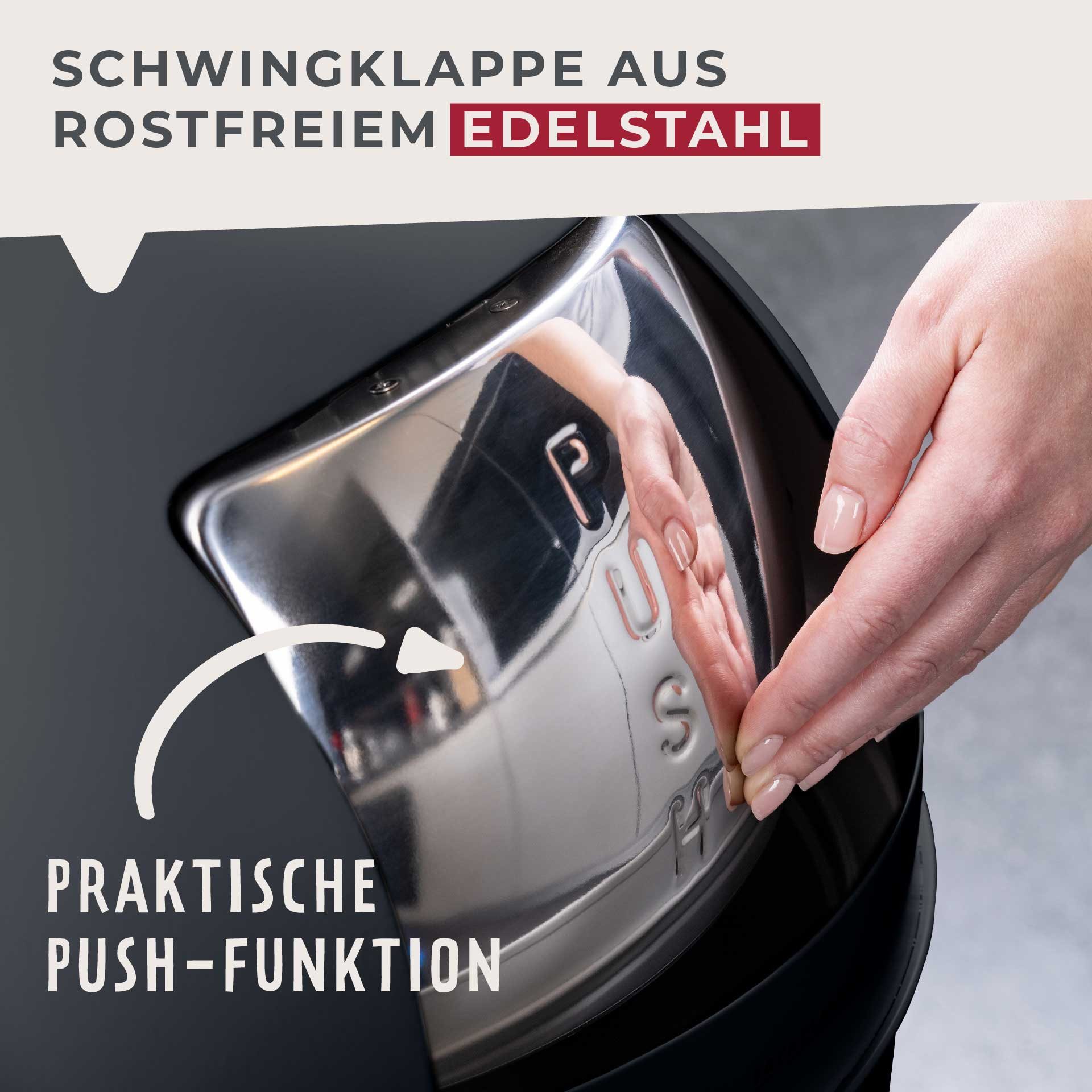FACKELMANN Mülleimer BERLIN, Push Abfalleimer 40L, Retro-Design, großes Fassungsvolumen, lackiertes Edelstahlgehäuse