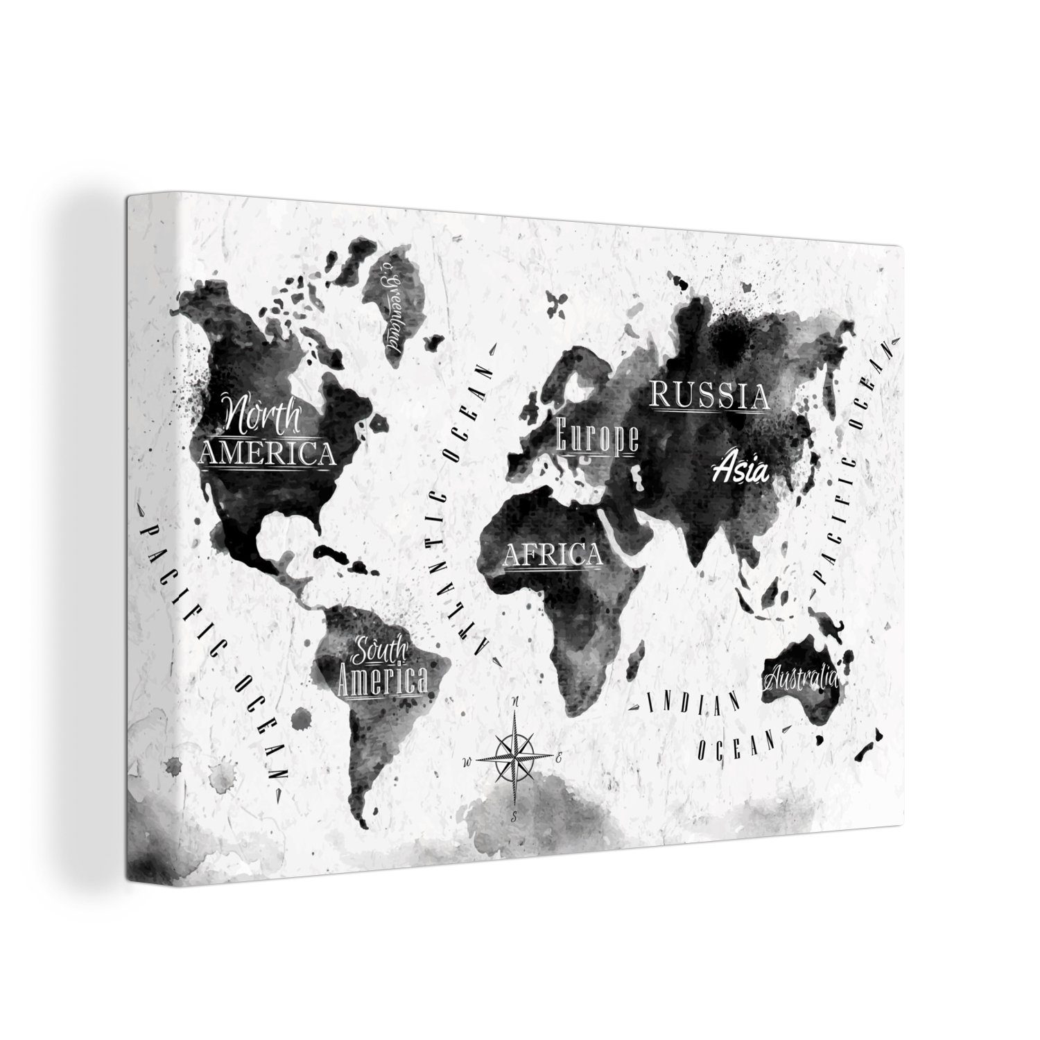 OneMillionCanvasses® Leinwandbild Weltkarte - Aquarell - Schwarz - Weiß, (1 St), Wandbild Leinwandbilder, Aufhängefertig, Wanddeko, 30x20 cm