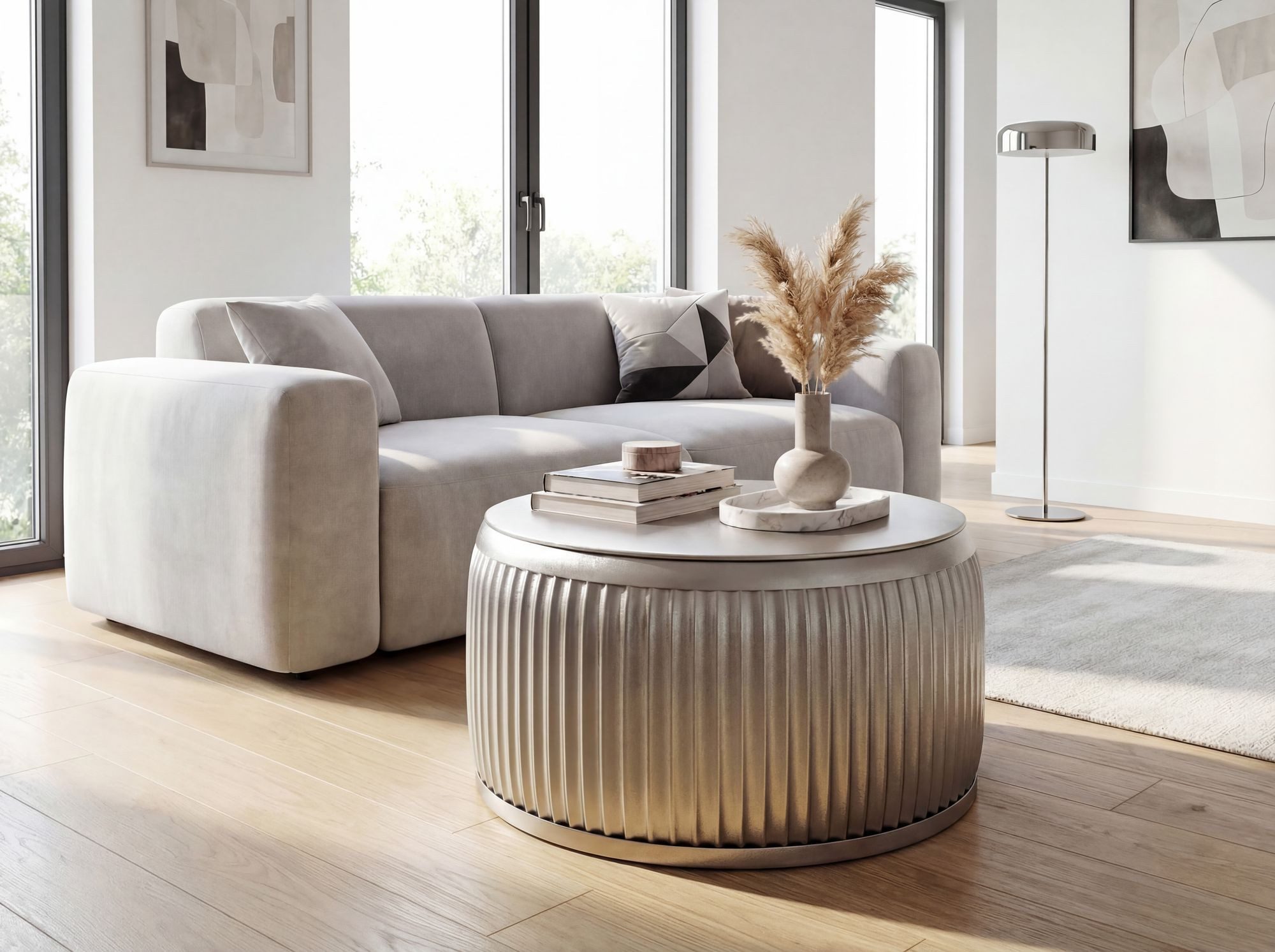 FINEBUY Couchtisch FB76466 Metall Silber Sofatisch 60cm Stauraum Wohnzimmertisch Rund (Extravaganter Tisch mit feiner Rillenoptik), Clevere Tischplatte ist komplett abnehmbar