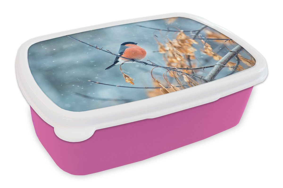 MuchoWow Lunchbox Schnee - Vogel - Tier, Kunststoff, (2-tlg), Brotbox für Erwachsene, Brotdose Kinder, Snackbox, Mädchen, Kunststoff rosa