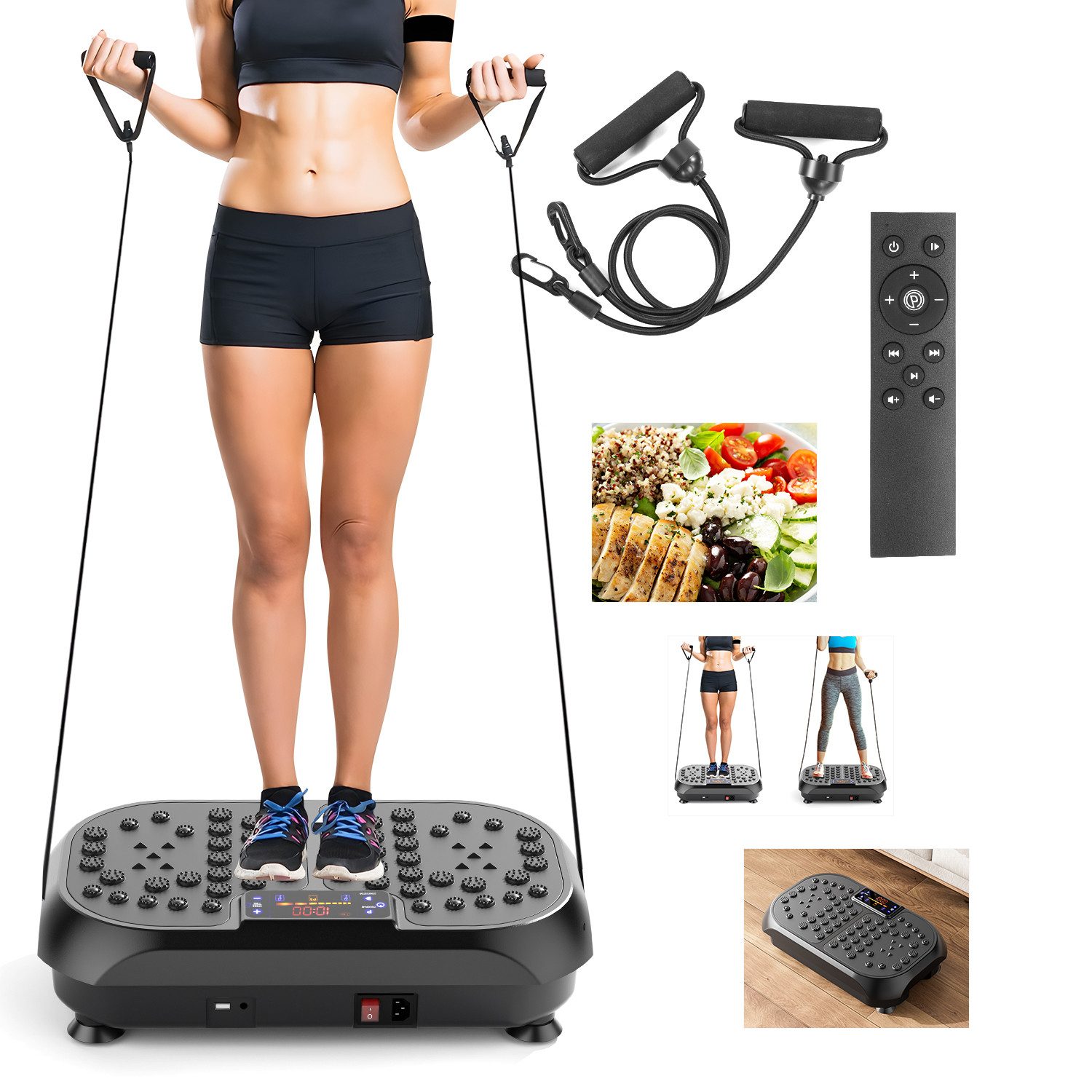 kehot Vibrationsplatte Vibrationsplatte mit Doppelmotoren, Fernbedienung & Trainingsbänder, 200 W, 99 Intensitätsstufen, Mit Magnetfeldmassage, LED-Lichteffekt und leisem Betrieb für Zuhause