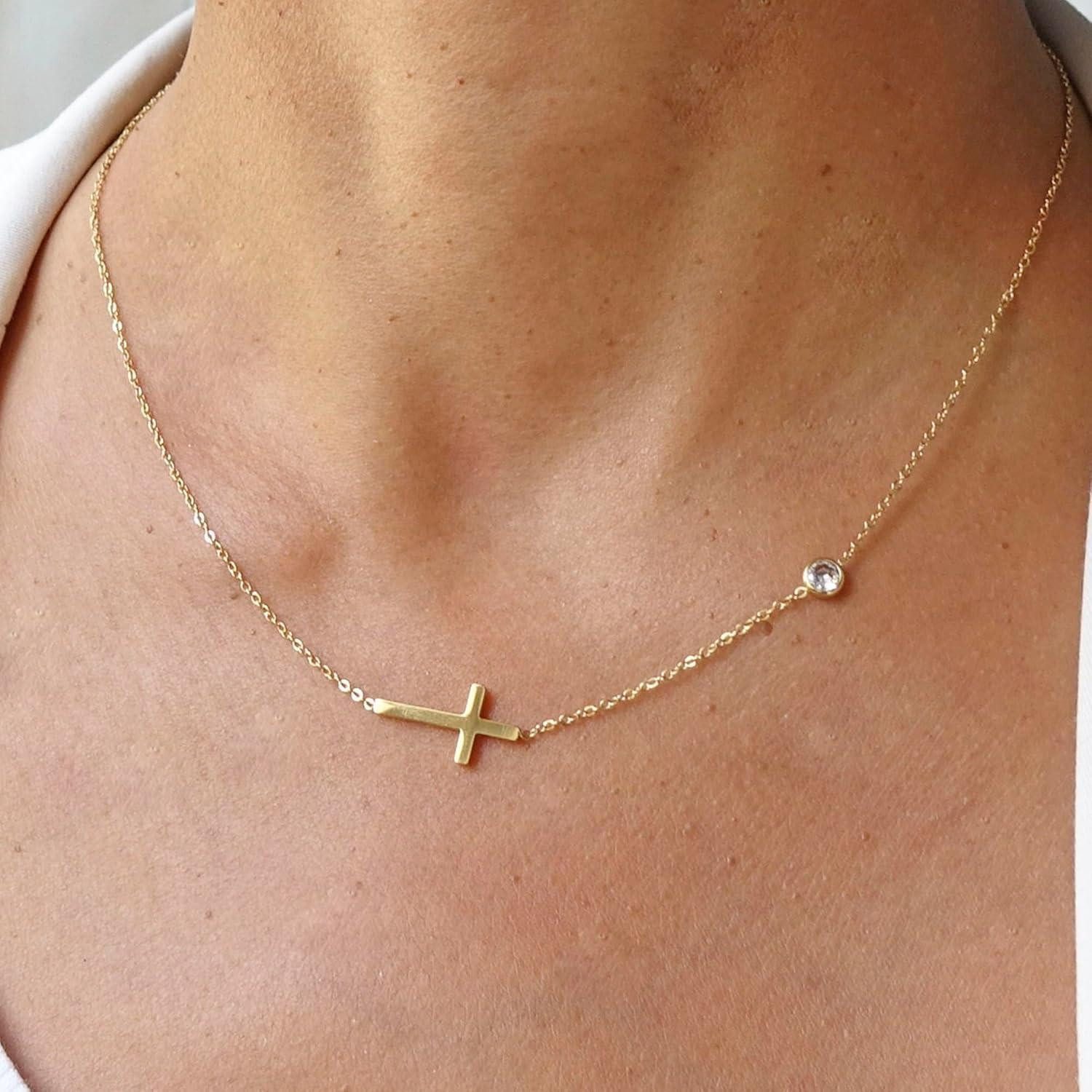 LuxusKollektion Kreuzkette Kreuz Kette Gold Damen 14K Vergoldet Layered Choker Halskette Kristall