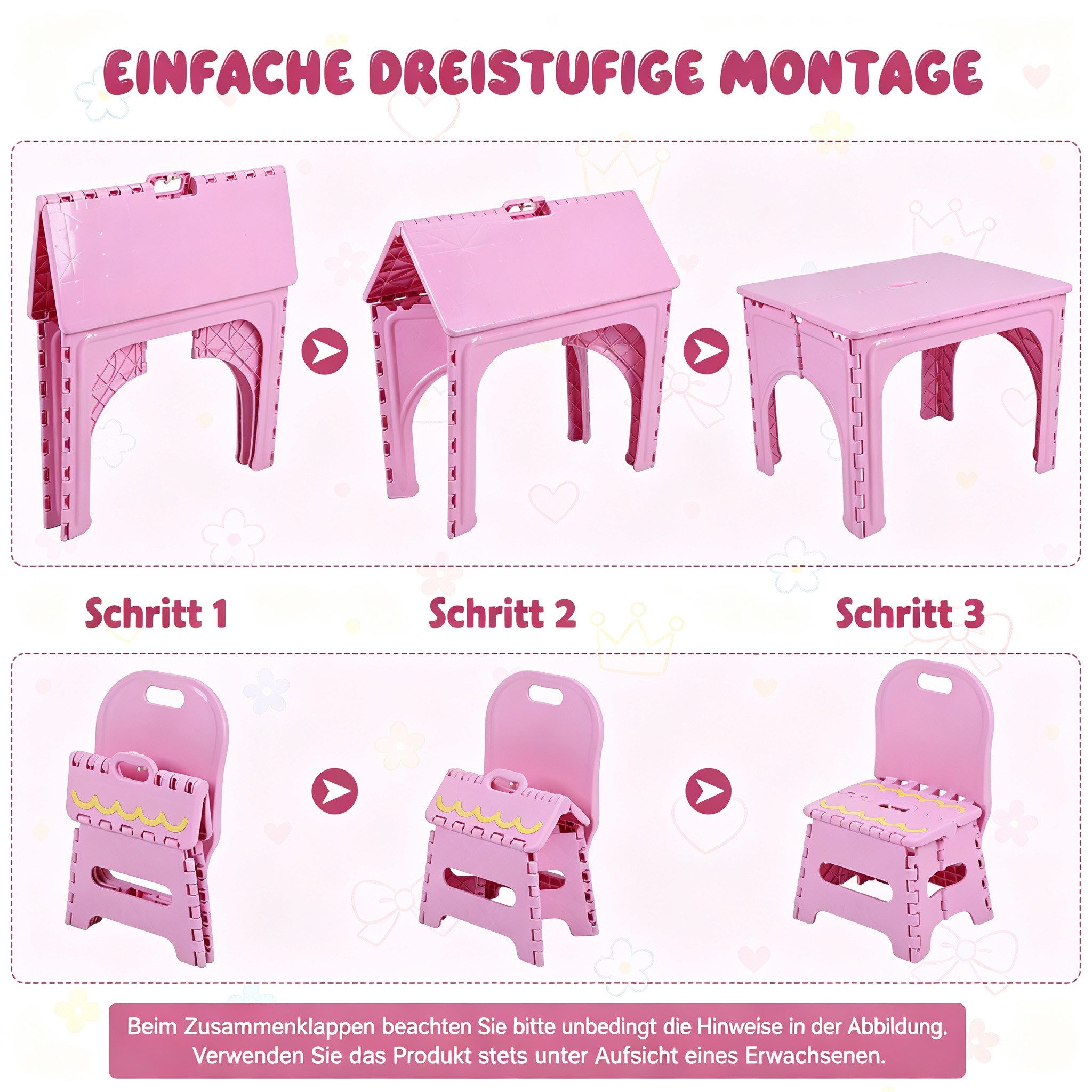 Rutaqian Kindertisch Kinder Sitzgruppe klappbar 2 Stühle Maltisch Lern Spieltisch (1 Kindertisch, 2 Stühle), Kinder-Falttisch 64×50×48 cm aus PP, zum Malen & Lernen, klappbar