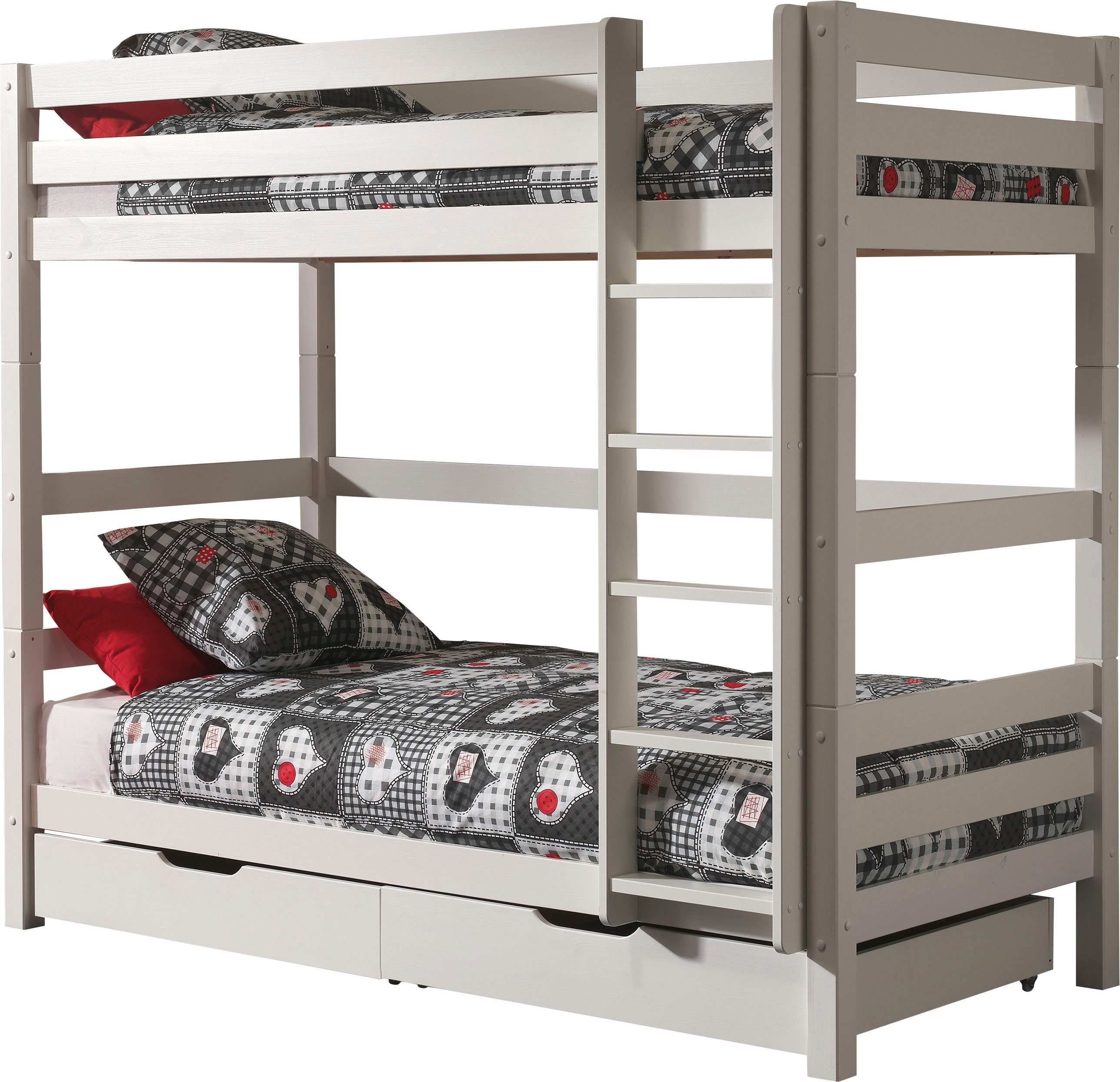 Vipack Etagenbett Pino, inkl. Rolllattenrost, Leiter und Absturzschutz (B/H/T ca. 210x182x105cm, massiv Kiefer verschiedene Farben), wahlweise ohne Schublade, mit 1 großen, 2 kleinen Bettschubladen