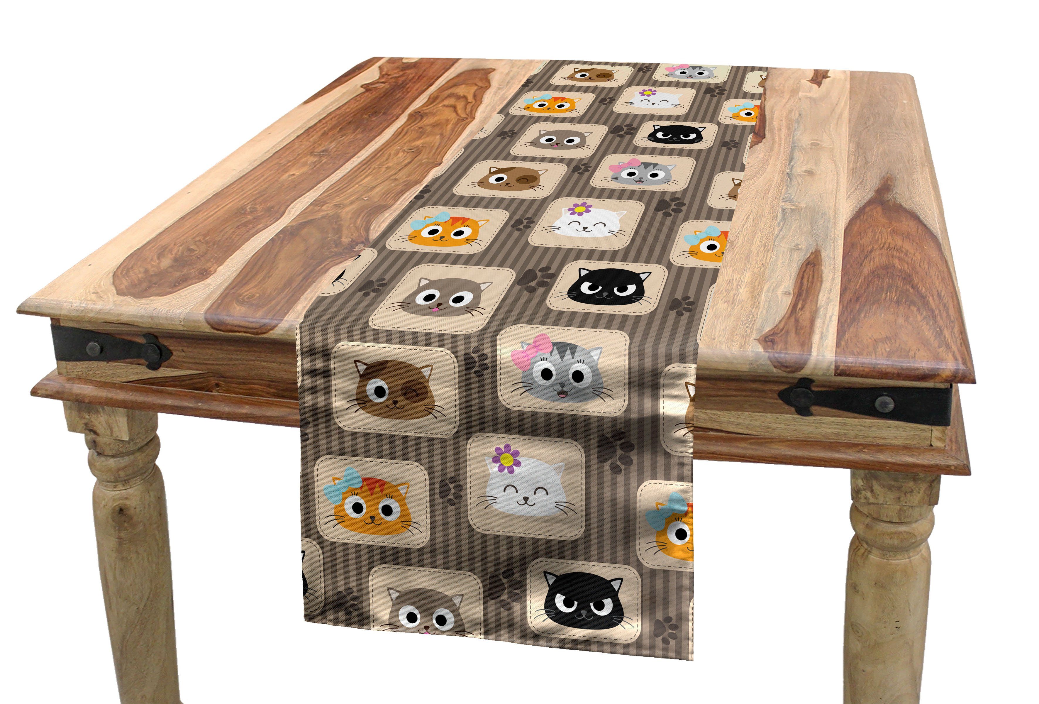 Katze Tischläufer, Küche Tischläufer Gesichter Rechteckiger Abakuhaus Dekorativer Patchwork-Art-dumme Esszimmer