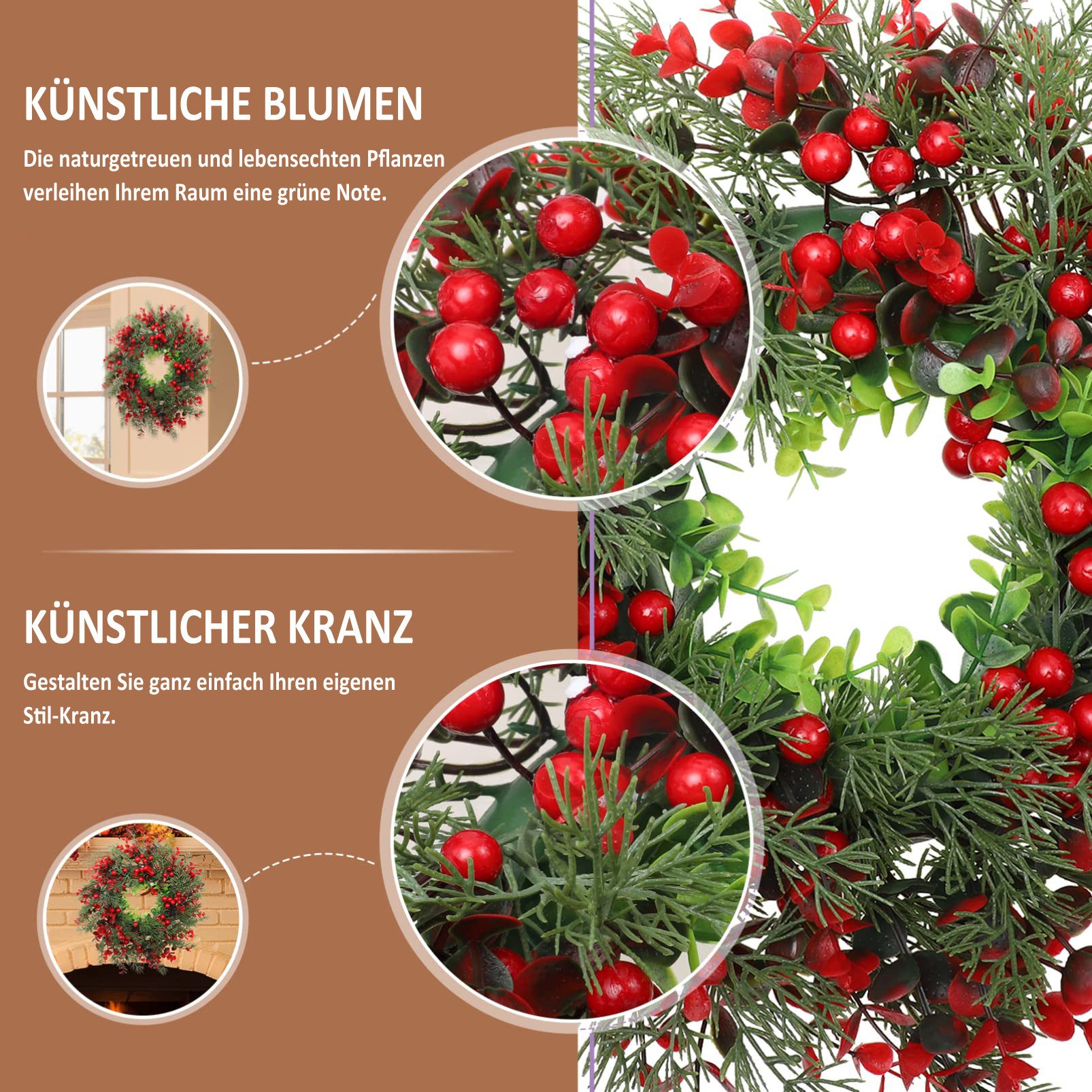 Kunstkranz Künstlicher Weihnachtskranz, roter Beerenkranz, Winterkranz, Coonoor, zur Dekoration von Veranden, Wänden und Fenstern – Bild 5 von 5