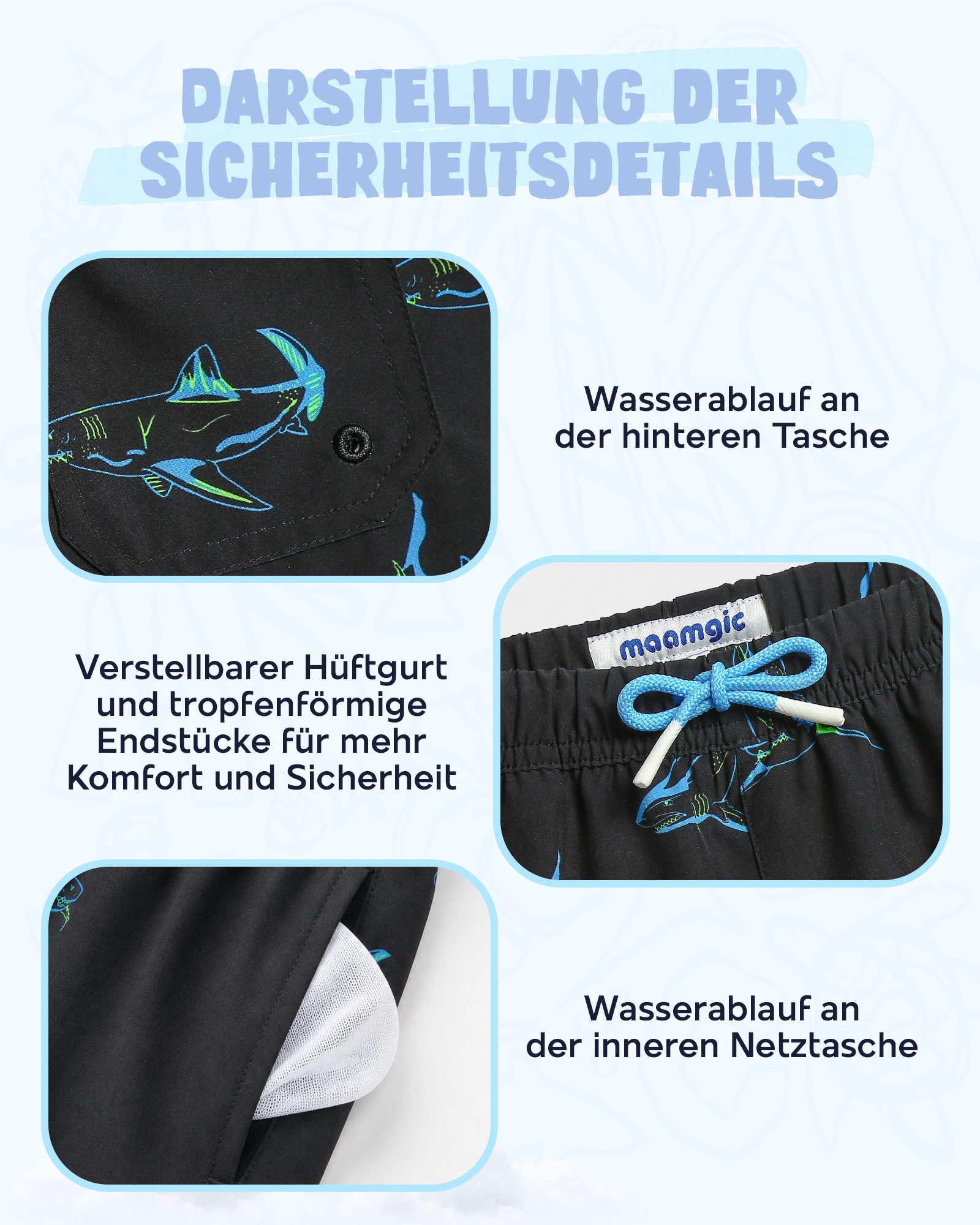 MaaMgic Badehose Shorts Jungen 2-in-1 mit verstellbarem Kordelzug (1-St) Stretch Schwimmshorts mit Innenfutter für Strand und Schwimmbad – Bild 5 von 5