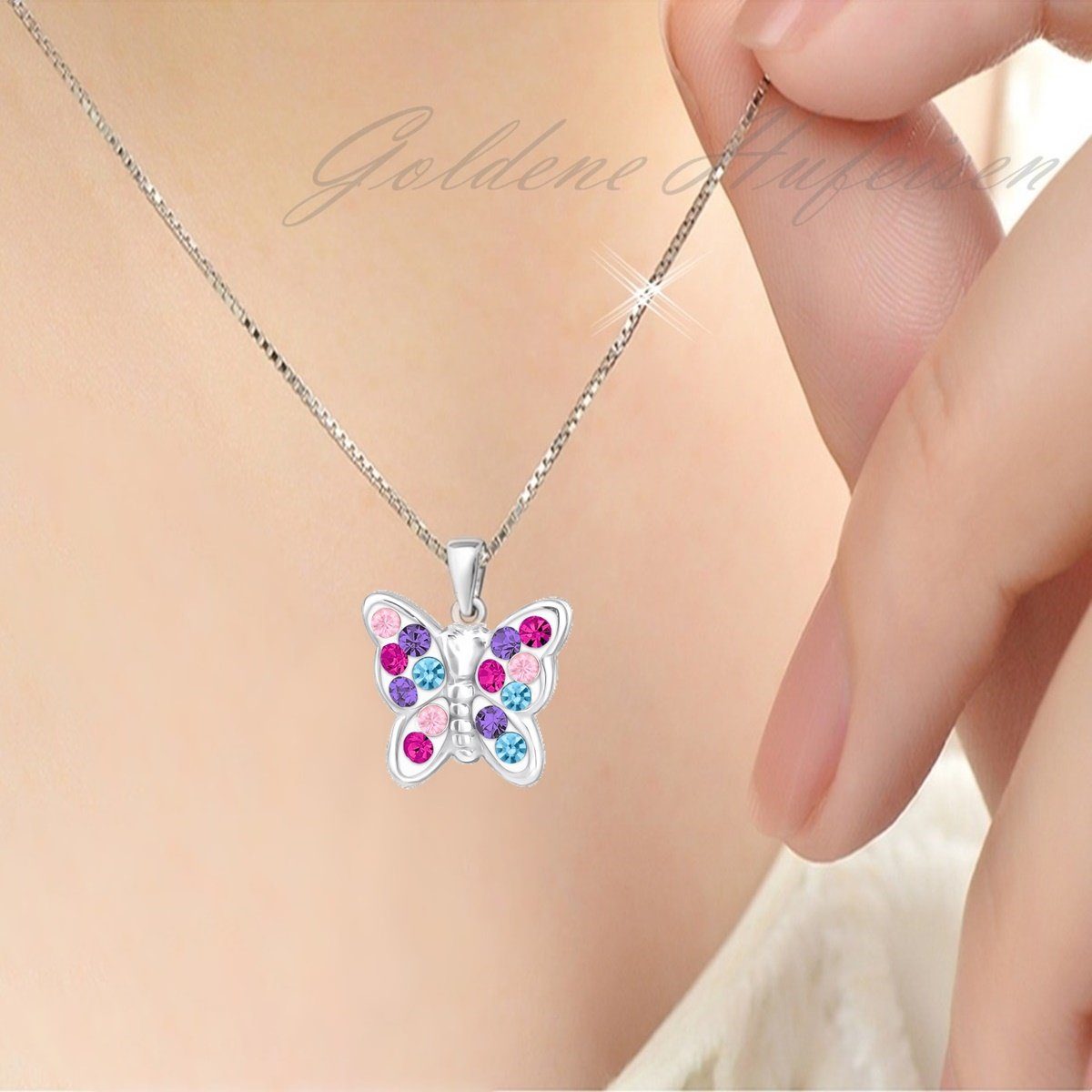 Goldene Hufeisen Kette mit Anhänger Mädchen Kinder mini klein Schmetterling Anhänger mit Kette 925 Silber (2-tlg, inkl. Etui), Kinderkette
