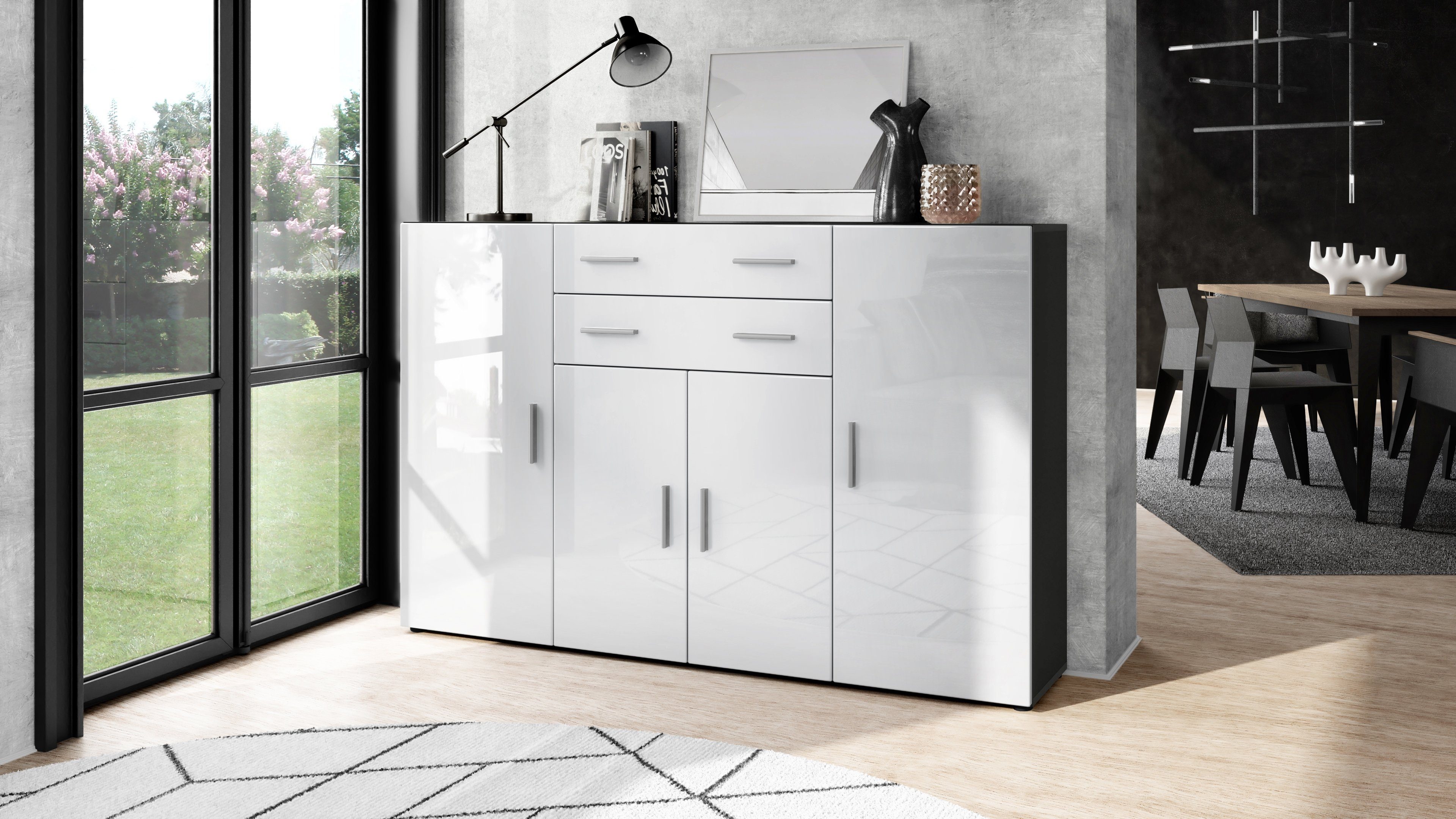 Vladon Highboard Aron (Anrichte, mit 4 Türen und 2 Schubladen), Anthrazit matt/Weiß Hochglanz (166,5 x 106,5 x 35 cm)