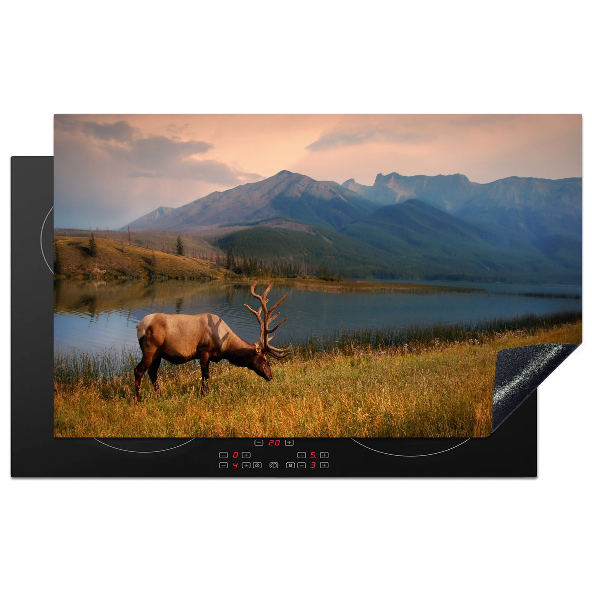 MuchoWow Herdblende-/Abdeckplatte Elche im Jasper-Nationalpark, Nordamerika, Vinyl, (1 tlg), 83x51 cm, Ceranfeldabdeckung, Arbeitsplatte für küche
