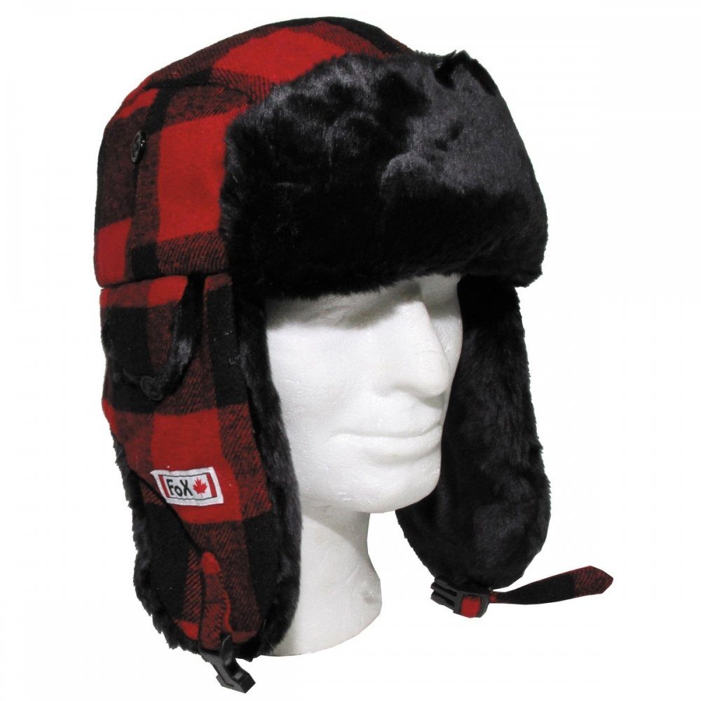 FoxOutdoor Ohrenmütze Holzfällermütze mit Fell, kleinen Ohrenklappen mit großen rot/schwarz (Packung) und