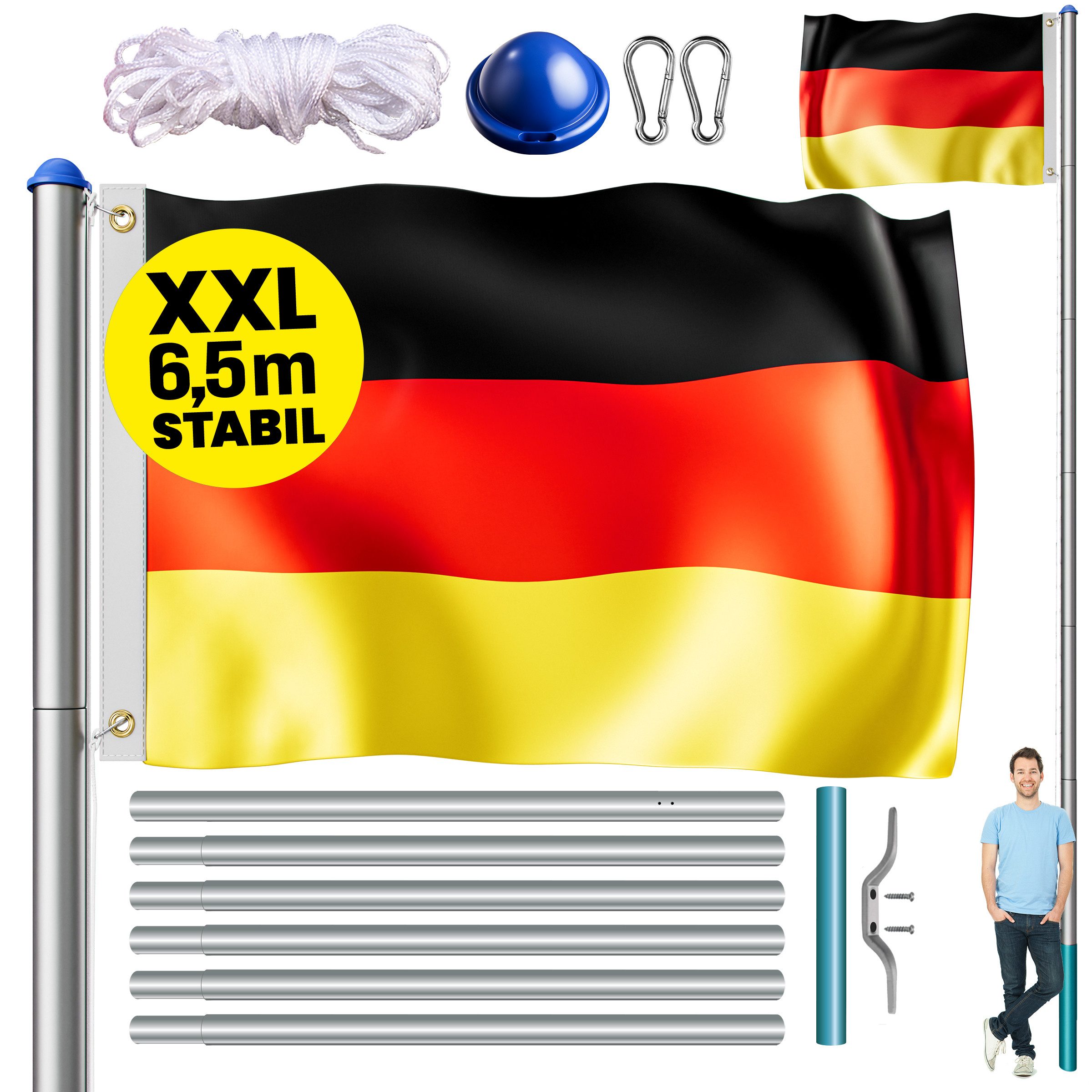 monzana Fahne, Aluminium Fahnenmast 6,50m mit Seilzug inkl. Flagge