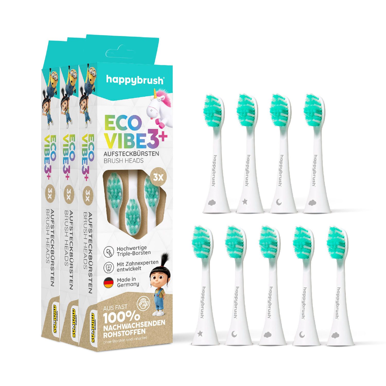 happybrush Щетки 3x3 V3 Agnes, Spar-Set, für happybrush Eco Vibe 3, hochwertige Triple-Borsten, Wechselindikator