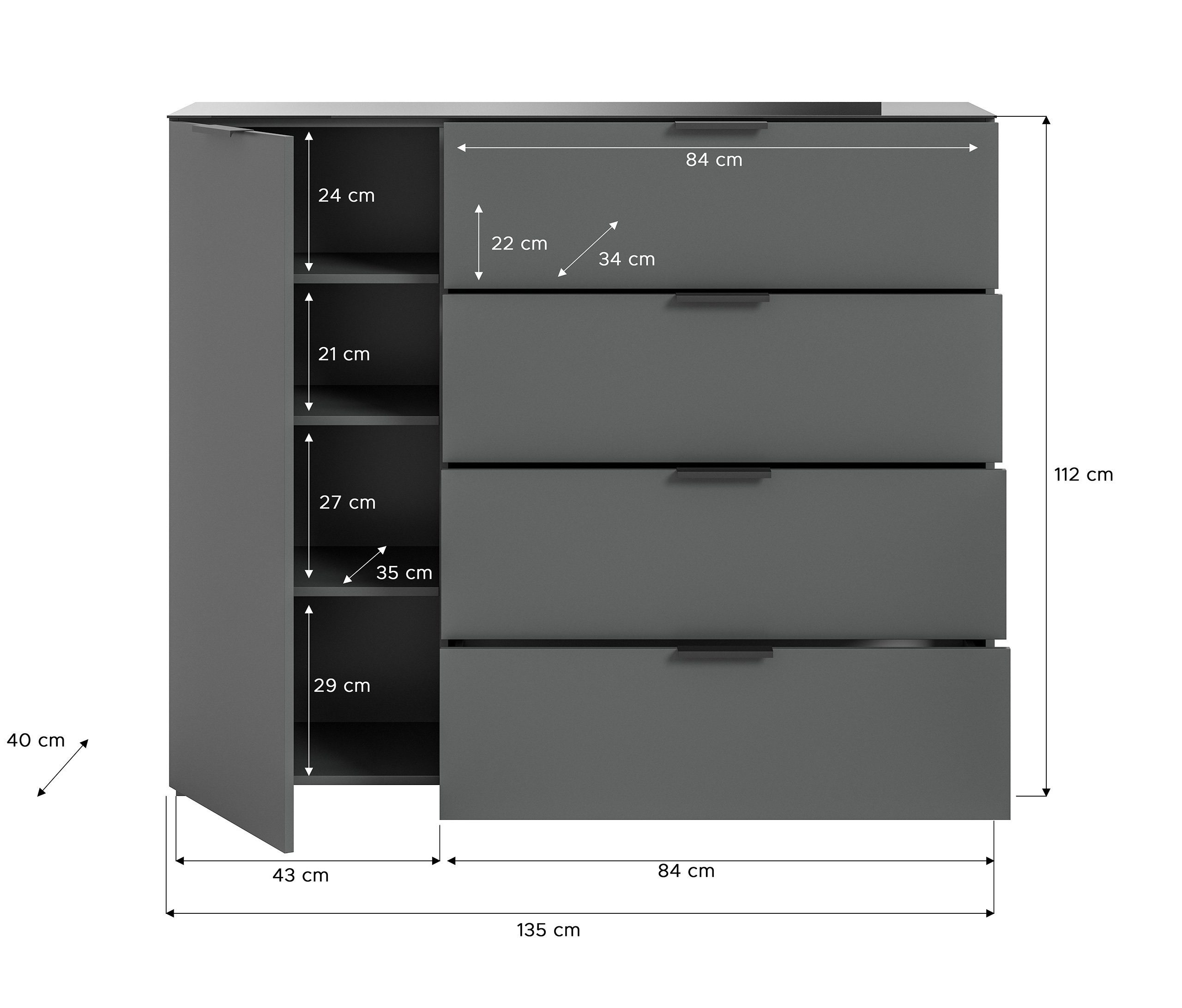 Newroom Kommode Anthrazit 112 cm, Kommode Anthrazit Sideboard Highboard Modern Zeitlos Wohnzimmer Sch...