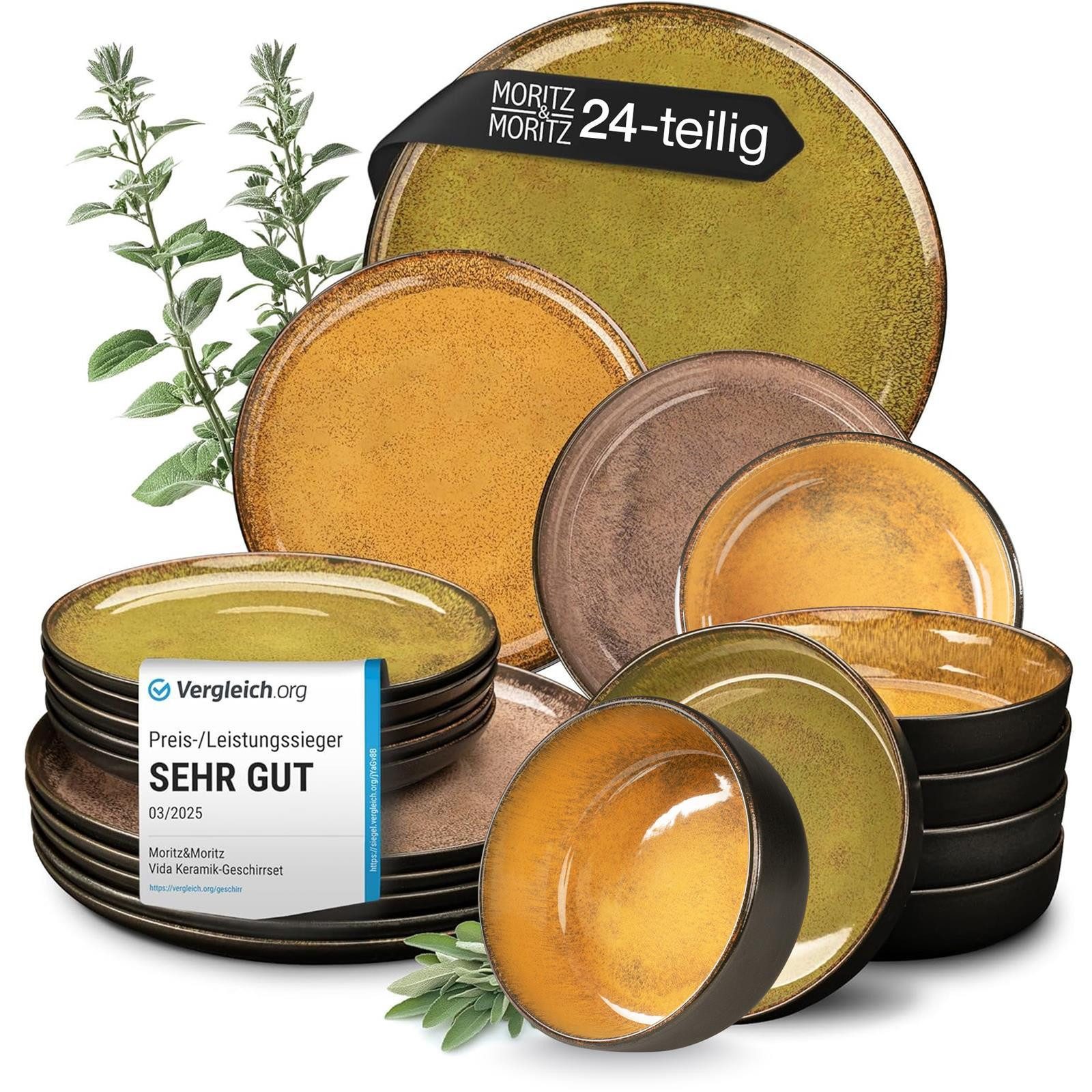 Moritz & Moritz Geschirr-Set VIDA Geschirrset mit Müslibowls Vintage (24-tlg), 6 Personen, Porzellan, Kombigeschirr für 6 Personen