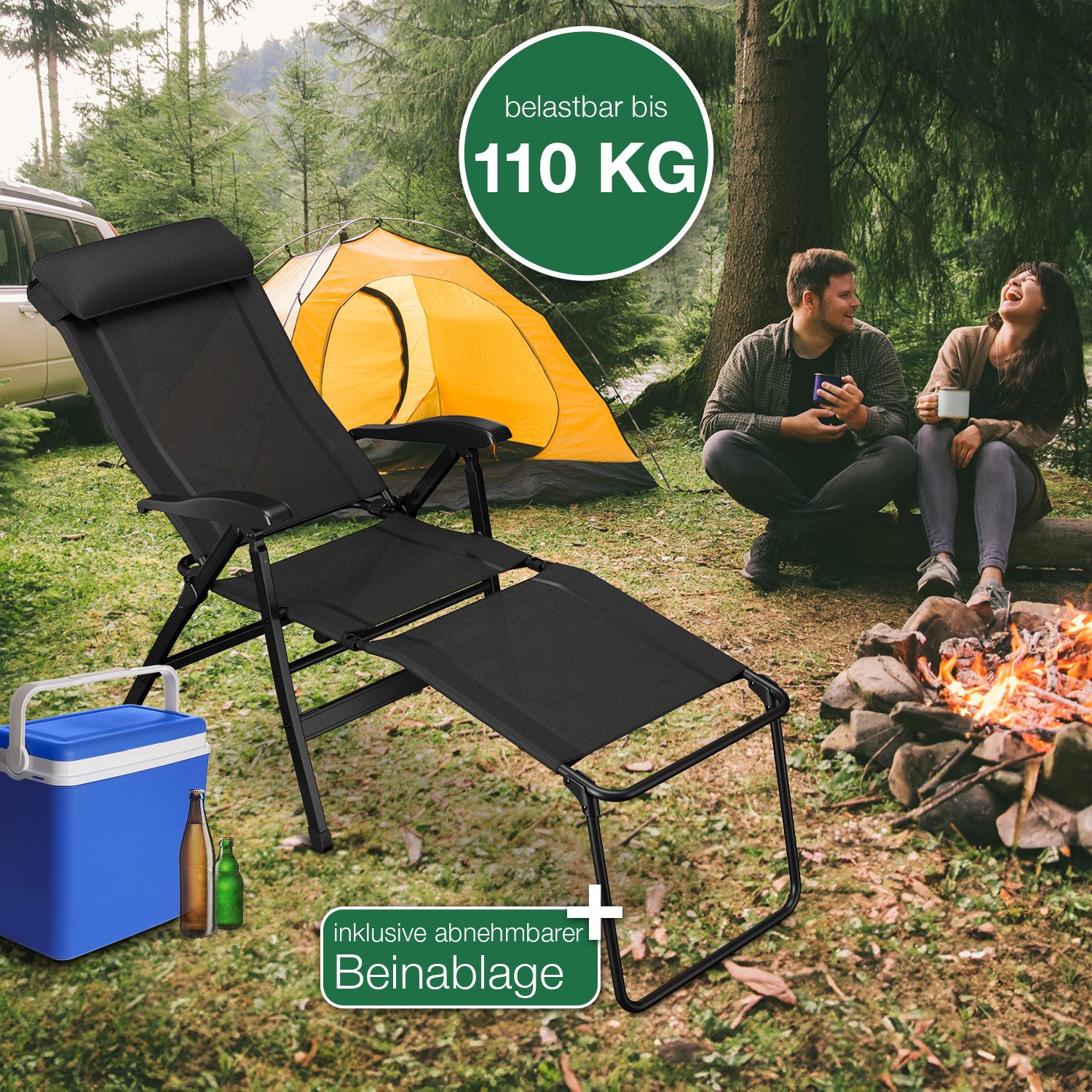 ELONEO Gartenstuhl Campingstuhl mit Liegefunktion, 6-fach verstellbare Rückenlehne, UV- und witterungsbeständig, Strandliege klappbar tragbar, Strandstuhl
