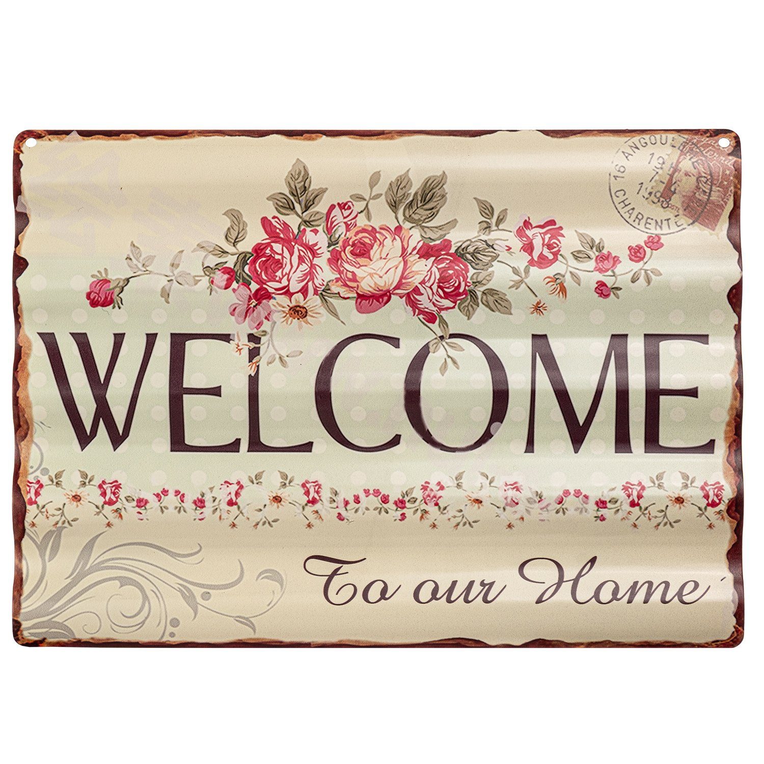 Metallschild Welcome Willkommen Zuhause Rosen Blumen