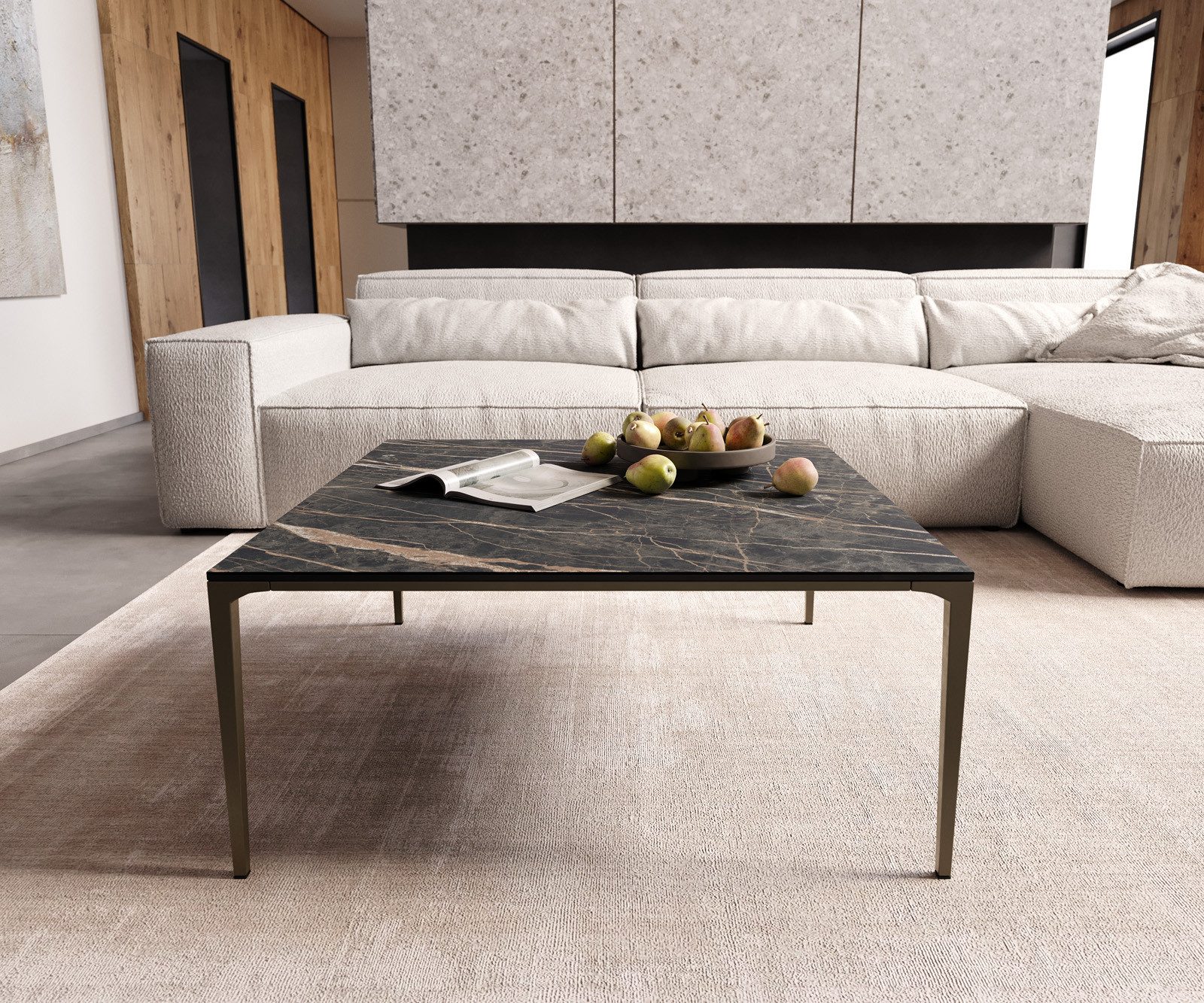 DELIFE Couchtisch Levente, Keramik Laminam® Noir Desir Braun 85x85 cm Gestell Metall Effektfinish