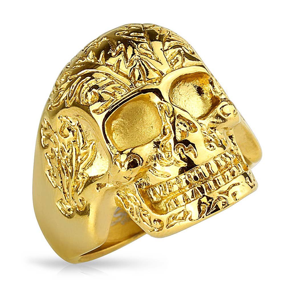Taffstyle Fingerring Herren Ring Edelstahl Blumenmuster Gold IP, Herren Massiv Breit Herrenring Männer Biker Rocker Schmuck Totenkopf