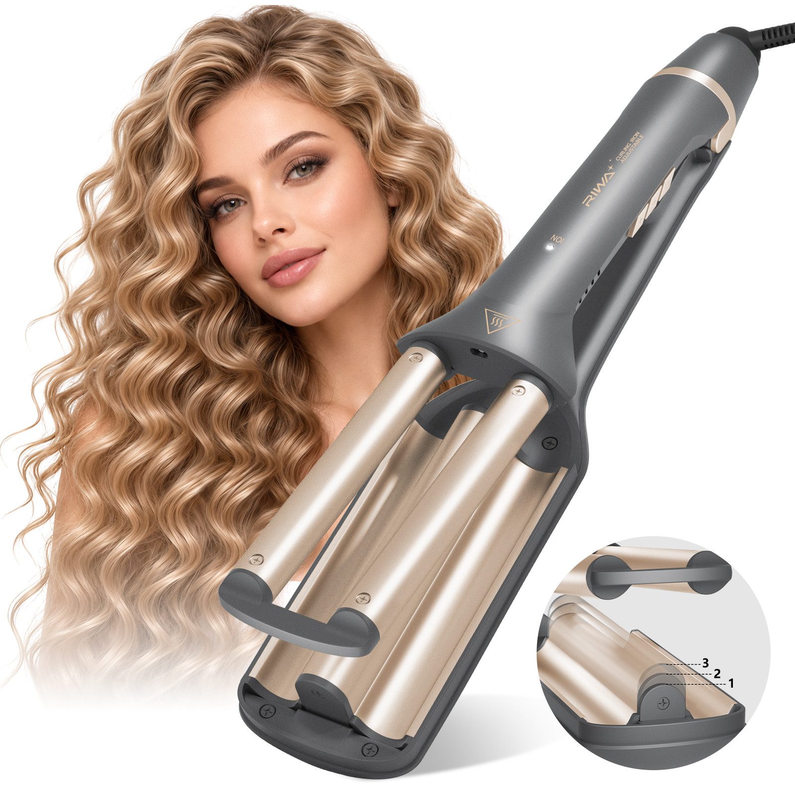 RIWA Welleneisen Lockenstab 3 Fässer für natürliche Wellen und Beach Waves, 120–200°C Keramik-Beschichtung, 3-in-1 Wellen-Design (18/22/26 …