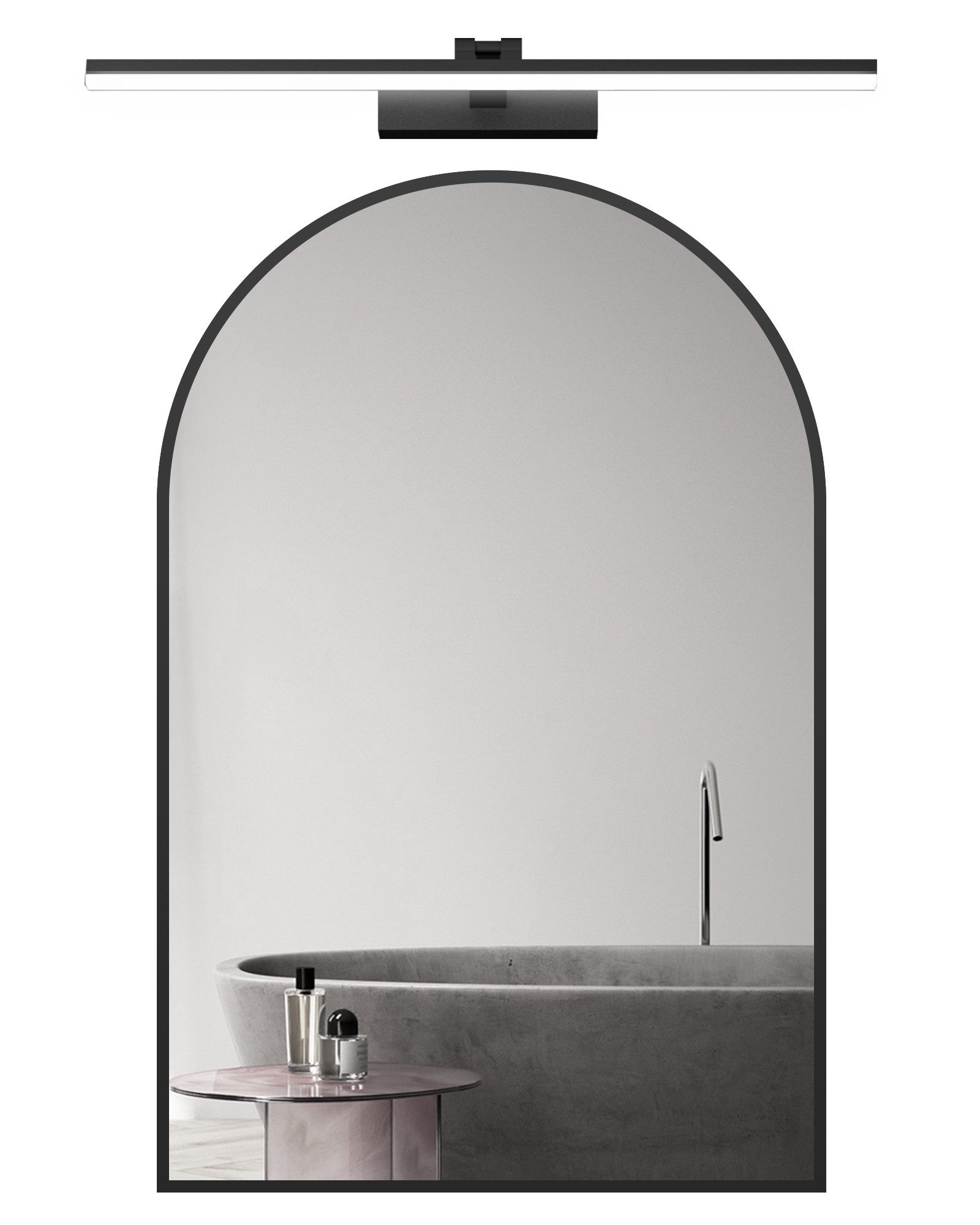 WDWRITTI Badspiegel Bogen mit 60cm LED Wandleuchte Wandspiegel Schwarz mit Licht Kaltweiß (Spiegel mit Alurahmen, 60x80, 50x70), Badezimmerspiegel mit Beleuchtung Set