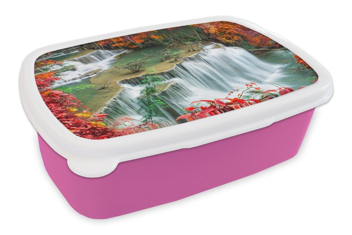MuchoWow Lunchbox Bäume - Wasserfall - Herbst - Natur, Kunststoff, (2-tlg), Brotbox für Erwachsene, Brotdose Kinder, Snackbox, Mädchen, Kunststoff rosa
