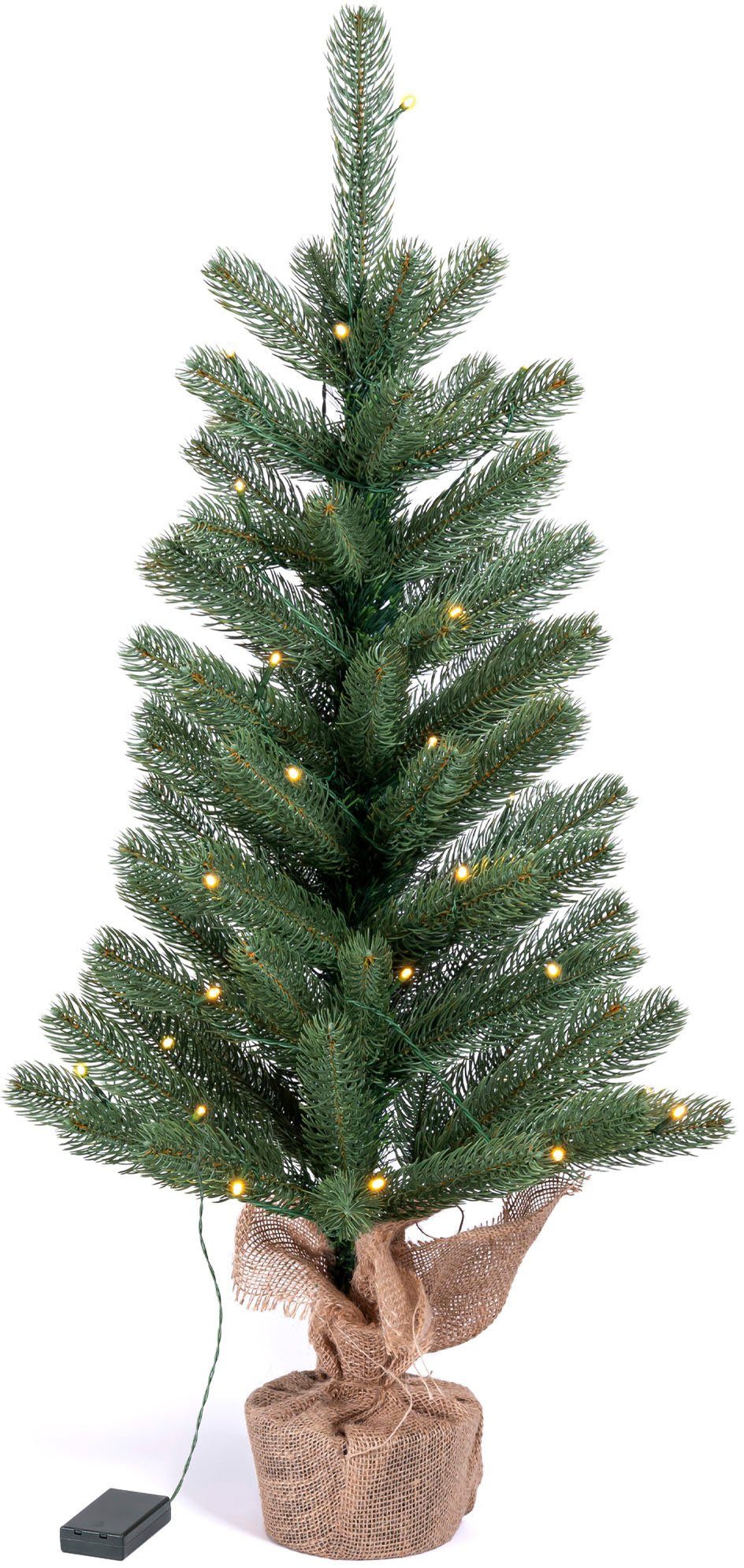 IC Winterworld Künstlicher Weihnachtsbaum LED-Tannenbaum, künstlicher Christbaum, Nordmanntanne, Weihnachtsdeko mit Jutebeutel um den Betonfuß, Batteriebetrieb – Bild 5 von 5