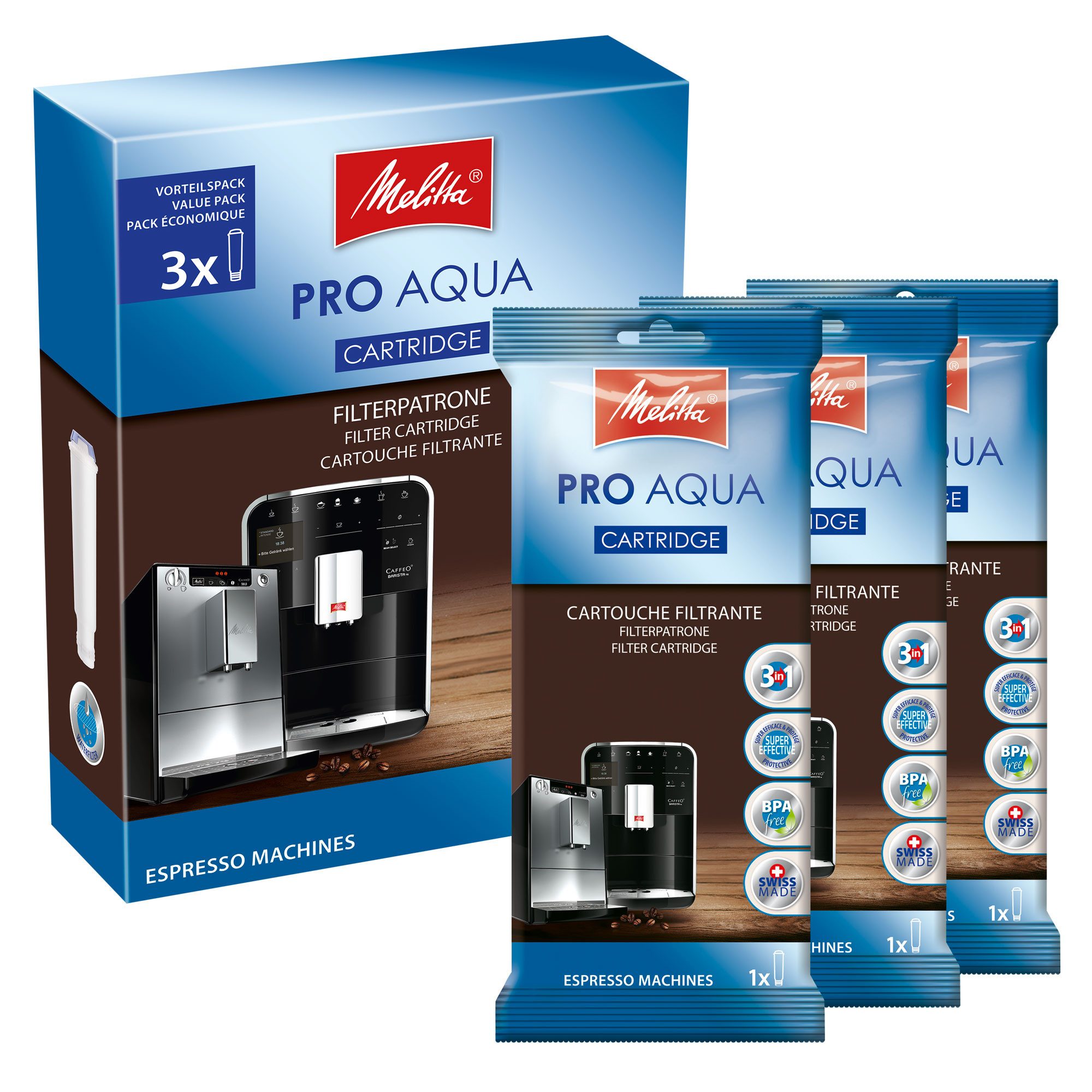 Melitta Kalk- und Wasserfilter Wasserfilter Pro Aqua 3er Set, Zubehör für Kaffeevollautomaten