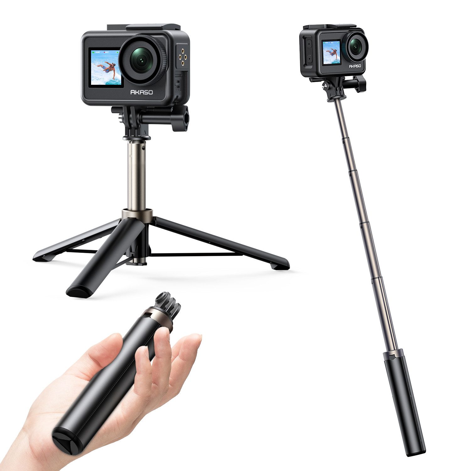 Akaso Action Cam-Halterung Action Cam Selfie-Stick ausziehbar bis 60cm, (1-tlg., 17.5-60cm, Kompatibel mit AKASO, GoPro & DJI)