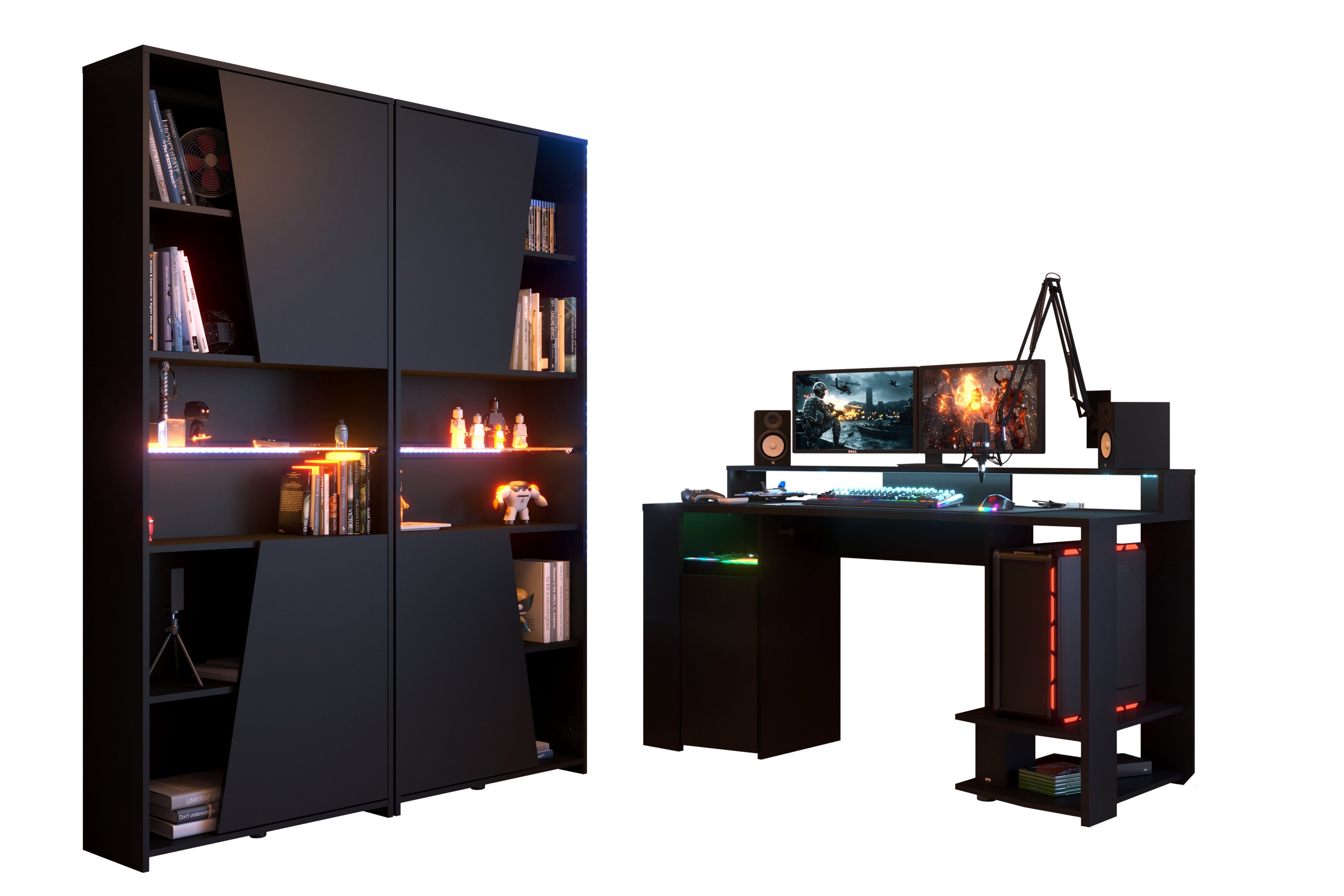 Parisot Gamingtisch Gaming in Schwarz (Komplett Set, 3-St., Komplett Set), LED Beleuchtung, Aufhängung für Kopfhörer