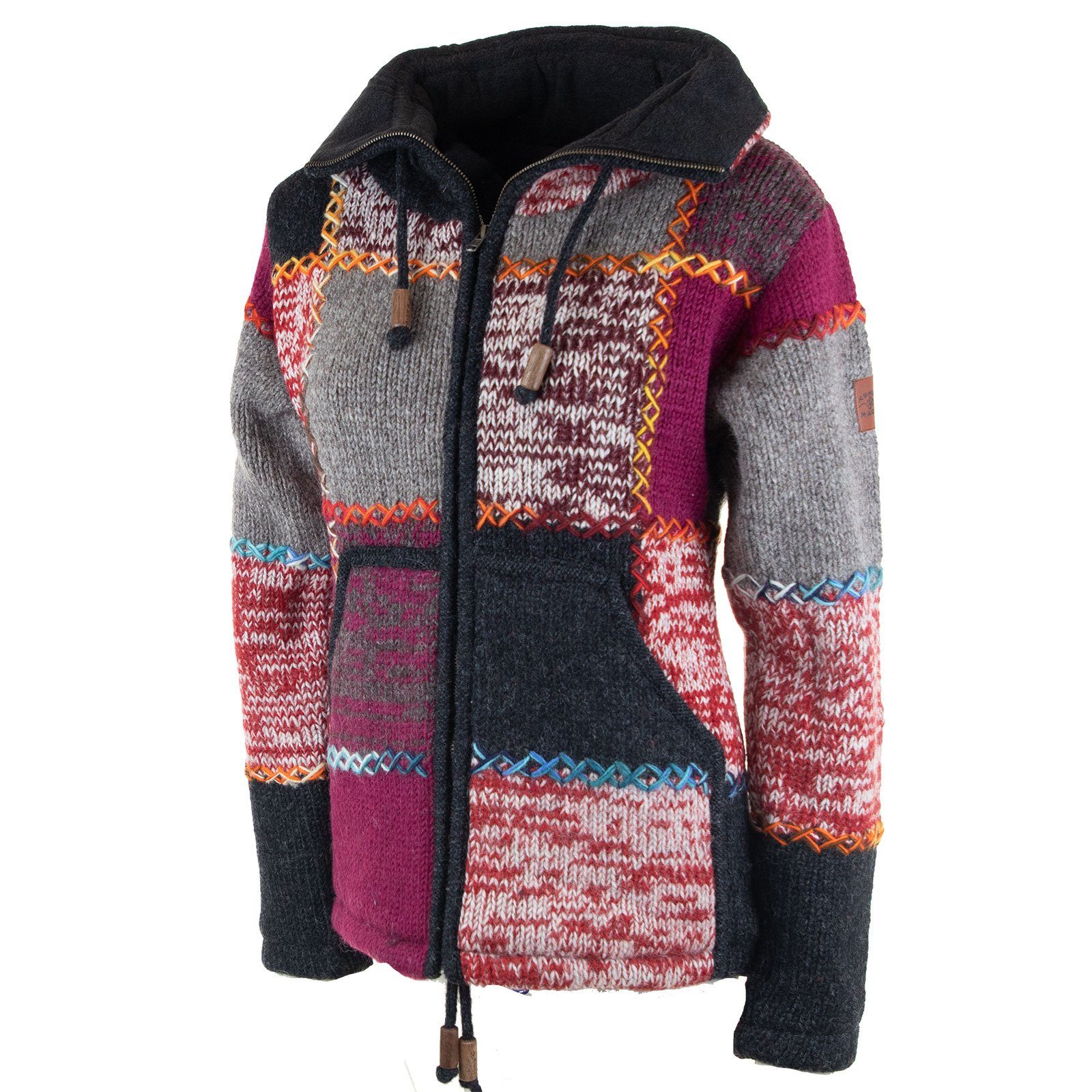 KUNST UND MAGIE Strickjacke Damen Strickjacke Wolle Bunte Patchwork Jacke Fleecefutter Hochkragen