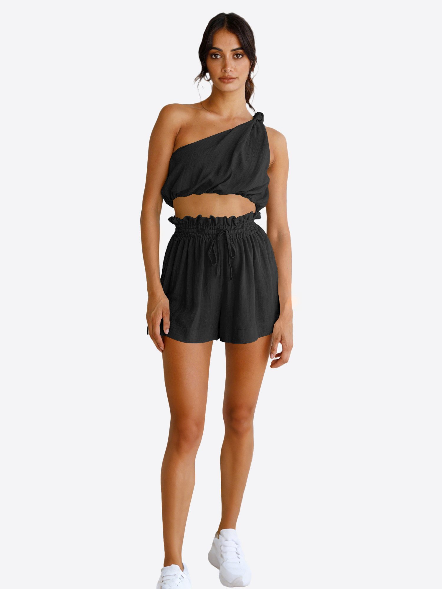 Imily Bela Hausanzug Damen 2-teiliges Sommer Set (Set, 2 tlg., One-Shoulder Crop Top + Shorts) One-Shoulder