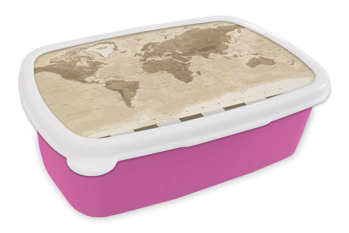 Erwachsene, - für Snackbox, Mädchen, Vintage Kinder, Kunststoff Lunchbox - MuchoWow Brotbox Braun, (2-tlg), Kunststoff, Weltkarte rosa Brotdose
