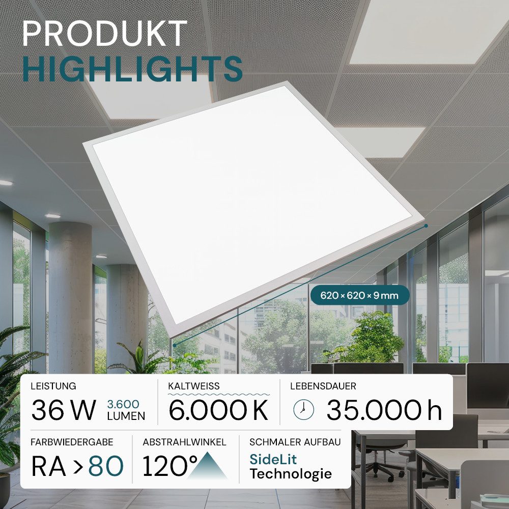 LUXULA LED Rasterleuchte 2er LED Pack Panel, 62x62 cm, 36W, 3600lm, 6000K, LED fest integriert, Kaltweiß